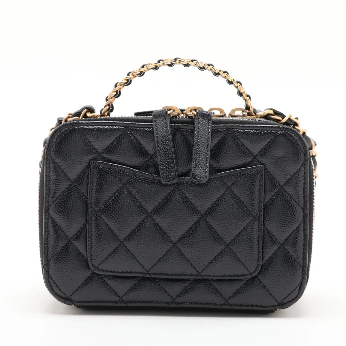 Matelassé Caviar Skin 2-Way Handbag, Top Handle, Black with Gold Hardware, TKH08J39, Random Plate — view 2
