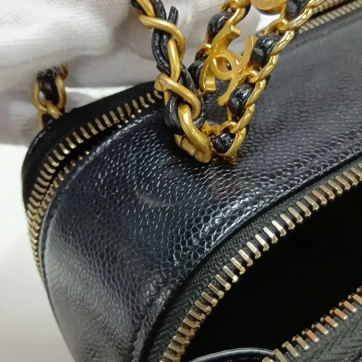 Matelassé Caviar Skin 2-Way Handbag, Top Handle, Black with Gold Hardware, TKH08J39, Random Plate — view 12