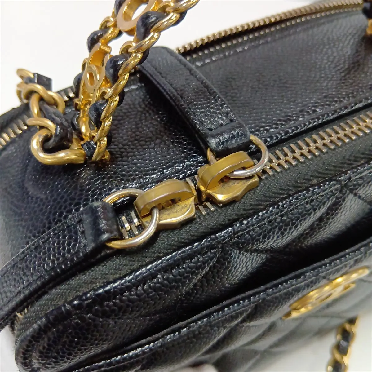 Matelassé Caviar Skin 2-Way Handbag, Top Handle, Black with Gold Hardware, TKH08J39, Random Plate — view 15