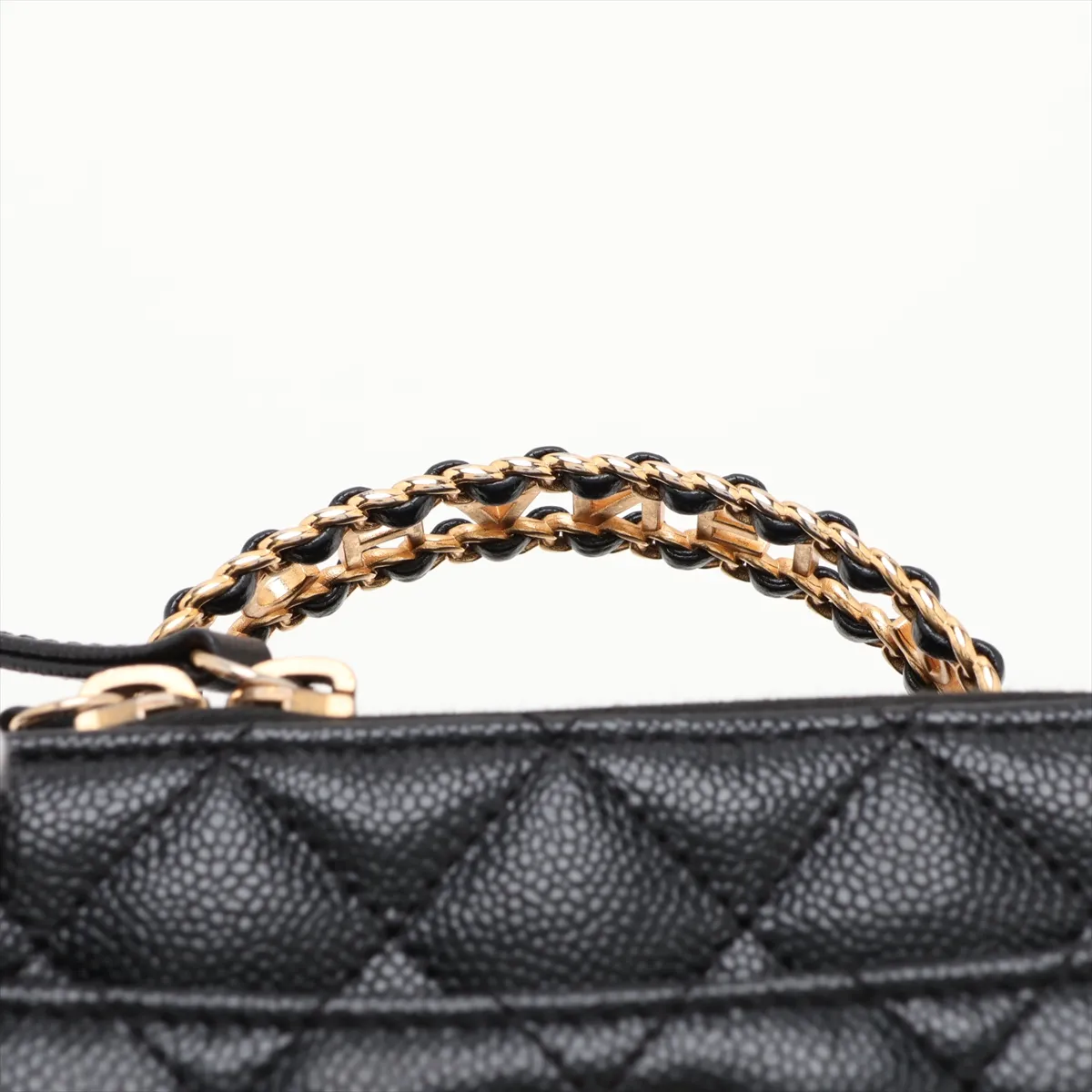 Matelassé Caviar Skin 2-Way Handbag, Top Handle, Black with Gold Hardware, TKH08J39, Random Plate — view 6