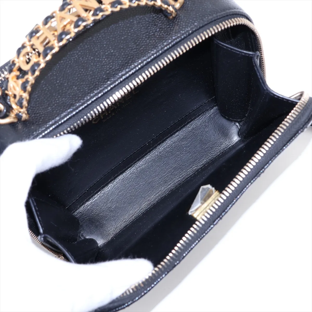 Matelassé Caviar Skin 2-Way Handbag, Top Handle, Black with Gold Hardware, TKH08J39, Random Plate — view 8