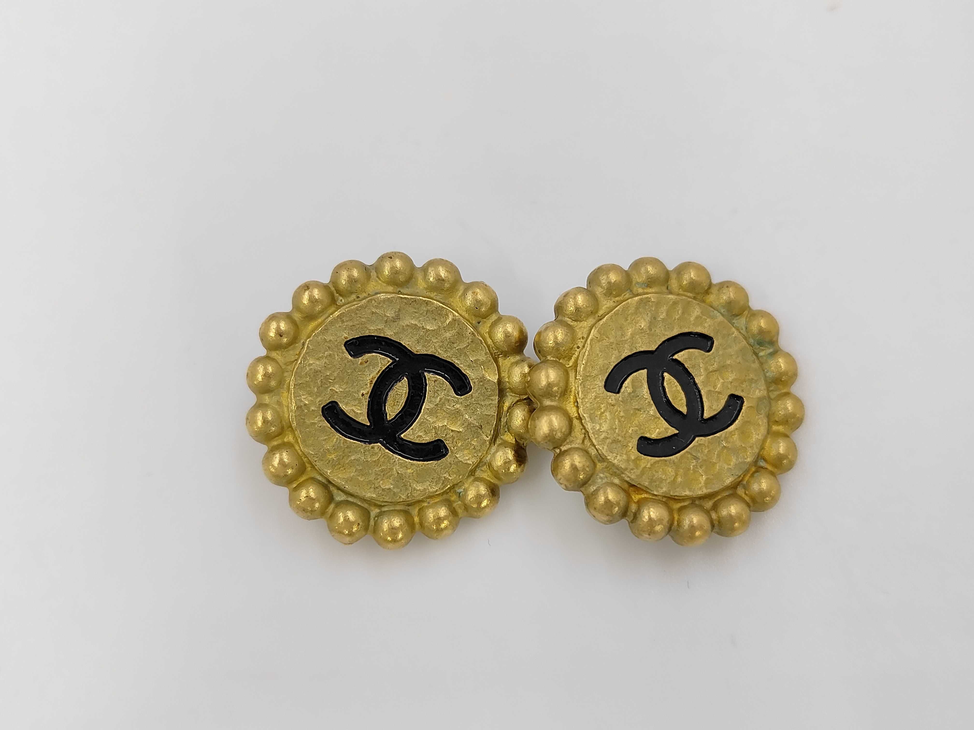 Gold and Black Plated Vintage Coco Mark Round Earrings