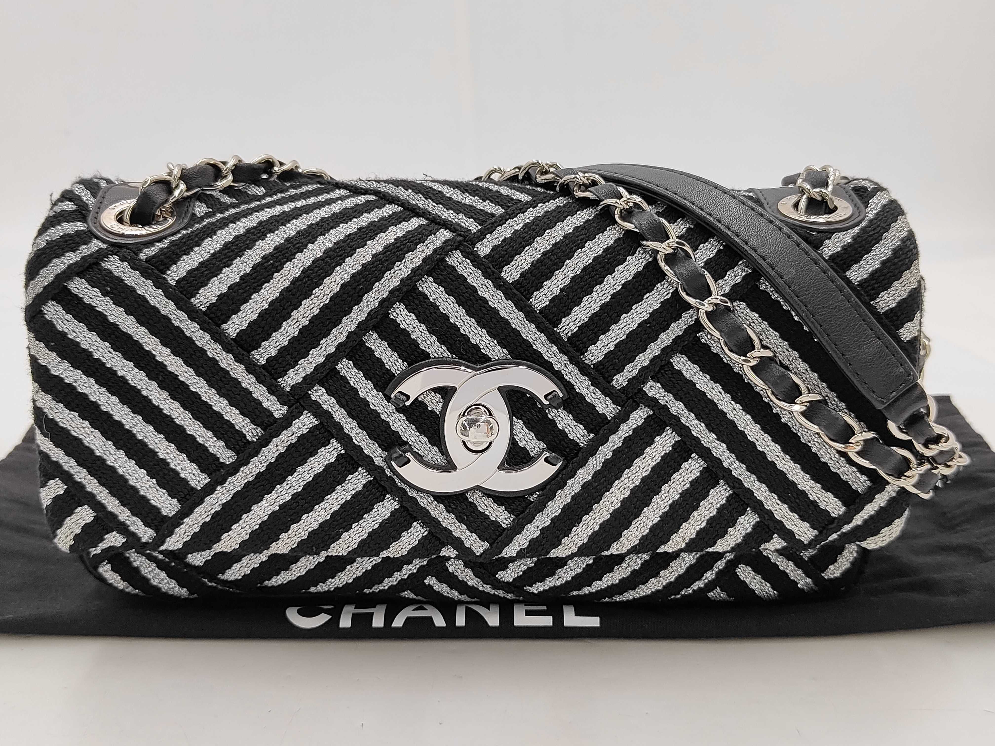 Coco Mark Chain Shoulder Bag, Chevron Pattern, Wool Cotton, Black Silver, SS Shoulder Bag