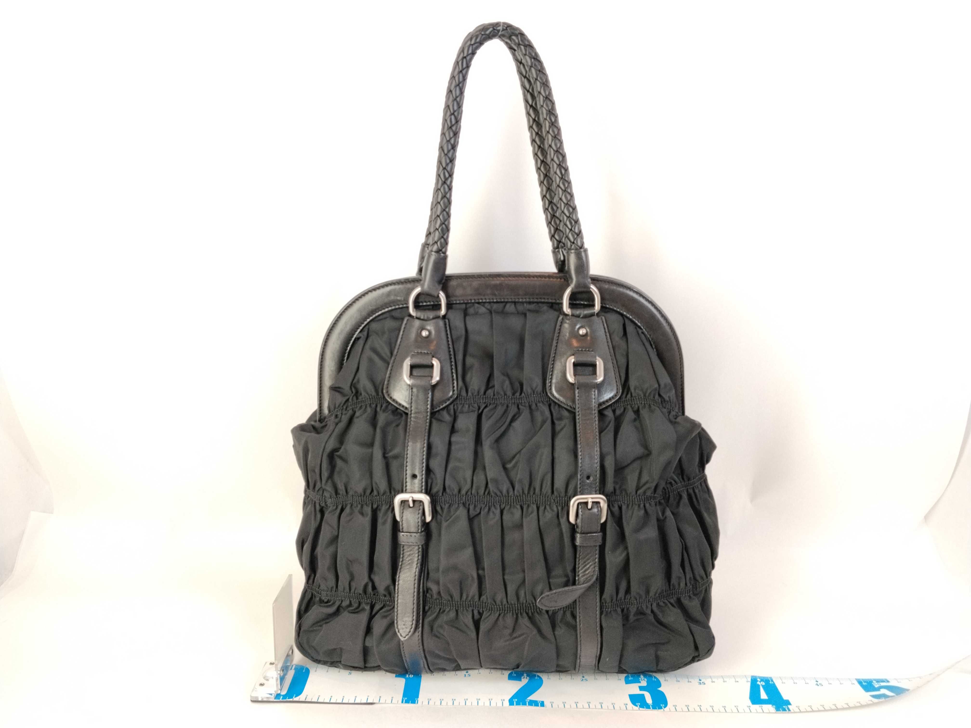 Nylon Prada Nylon x Leather Gathered Tote Bag Handbag Triangle Logo Black Tote Bag — view 2