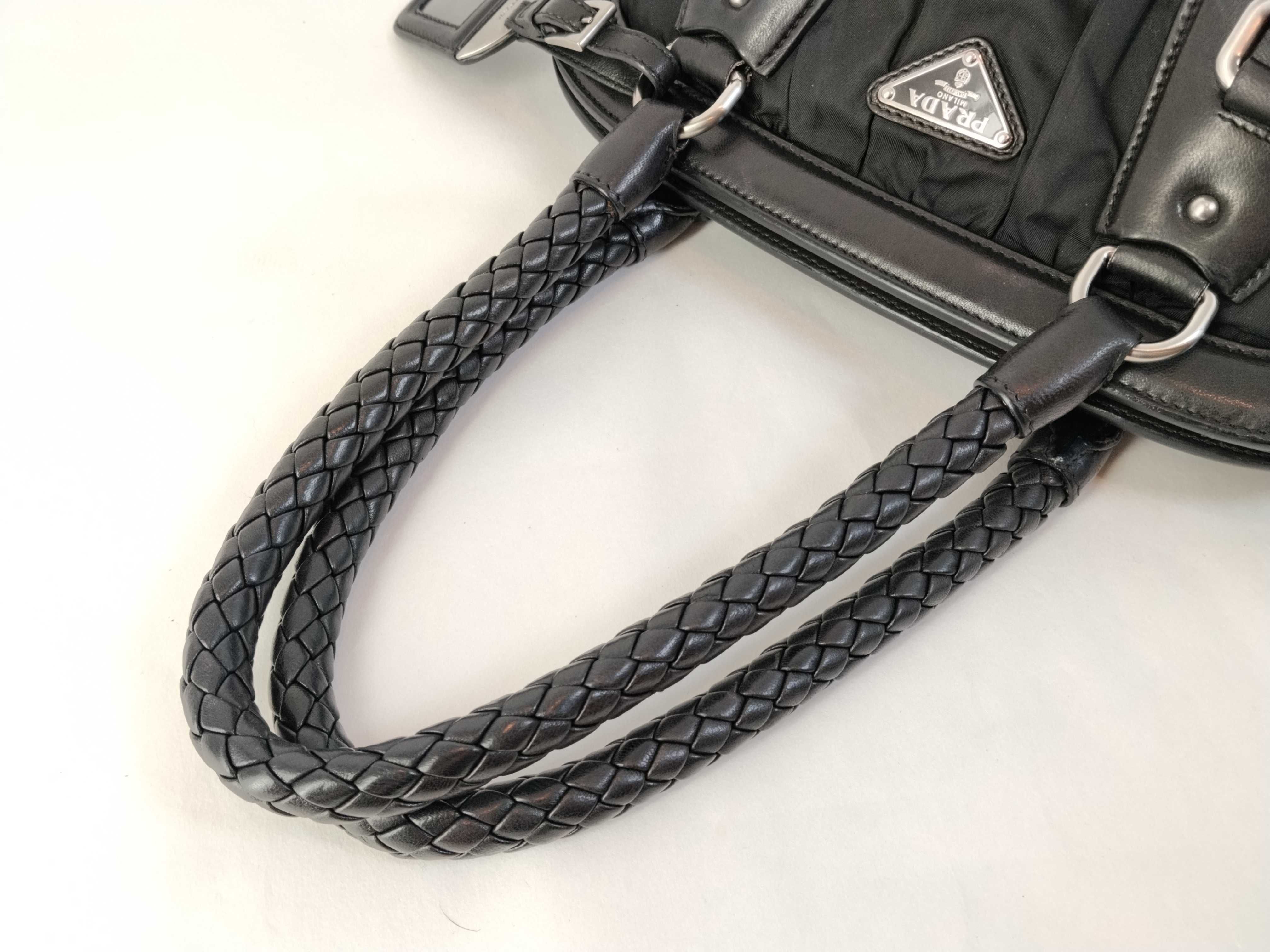 Nylon Prada Nylon x Leather Gathered Tote Bag Handbag Triangle Logo Black Tote Bag — view 3