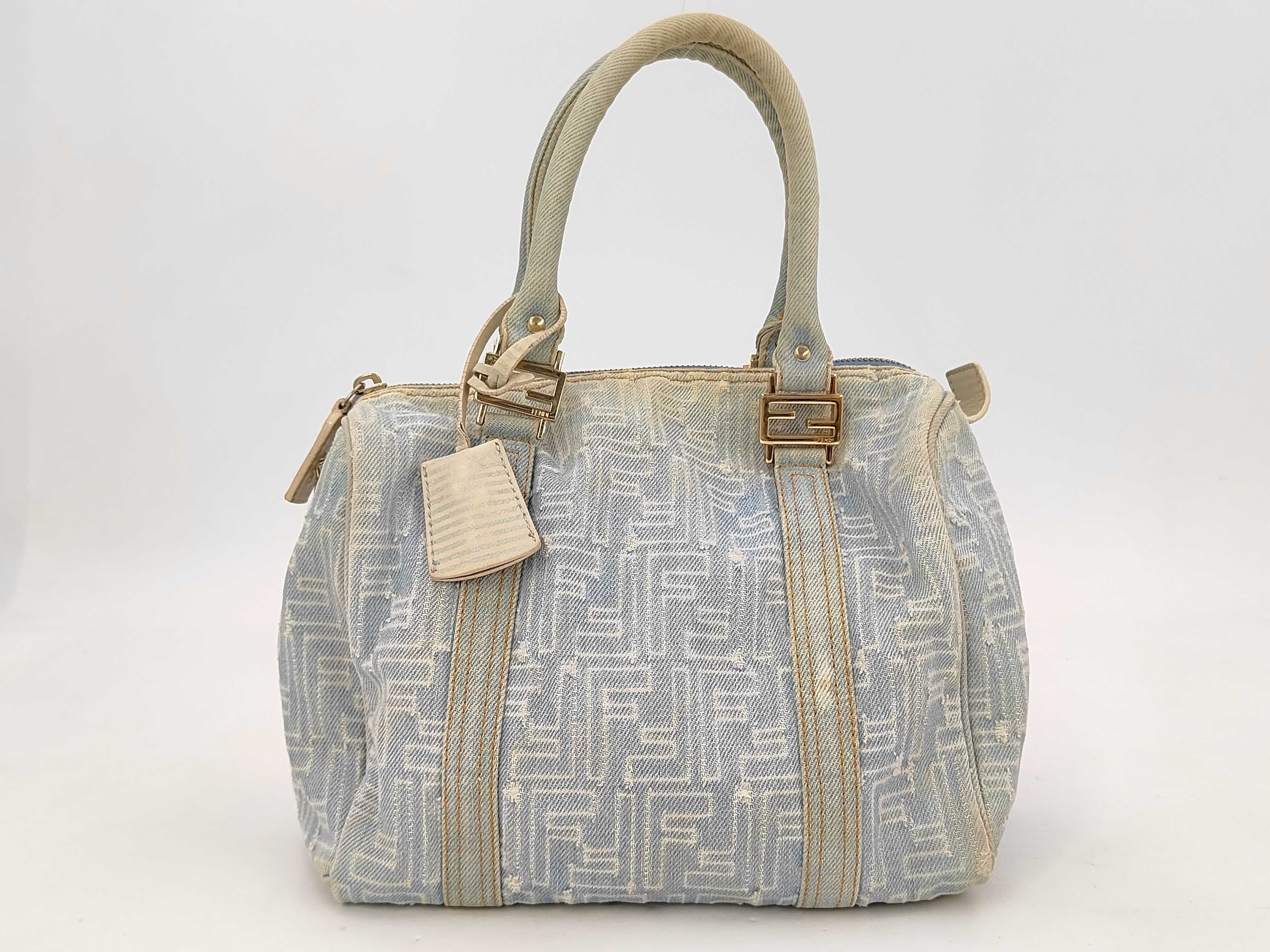 Zucchino FF Logo Denim Baguette Mini Boston Bag Handbag