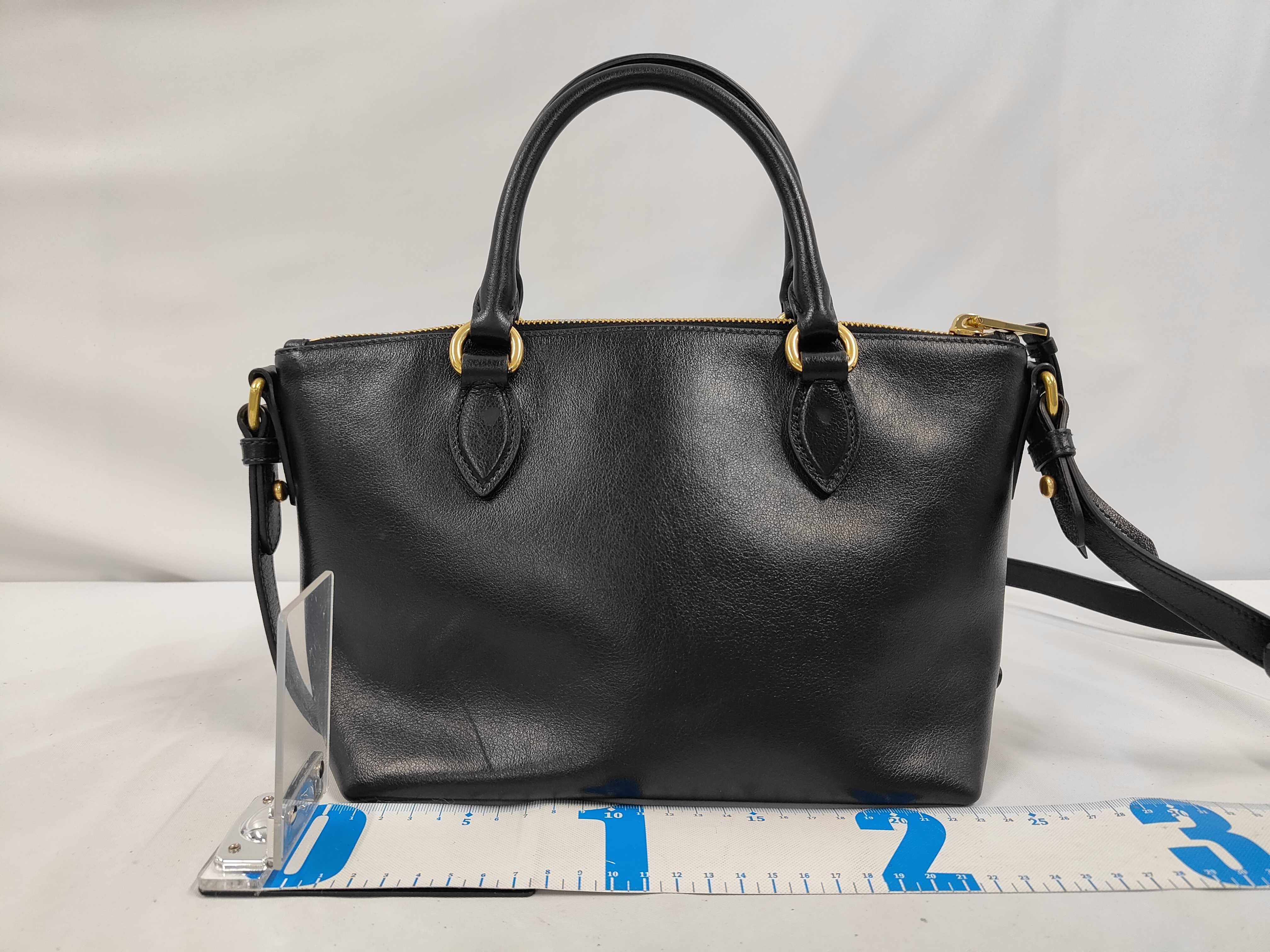 1BA111 Leather Handbag, Black with Gold Hardware, Includes Shoulder Strap, Card Holder, Charm, and Dust Bag. — view 2