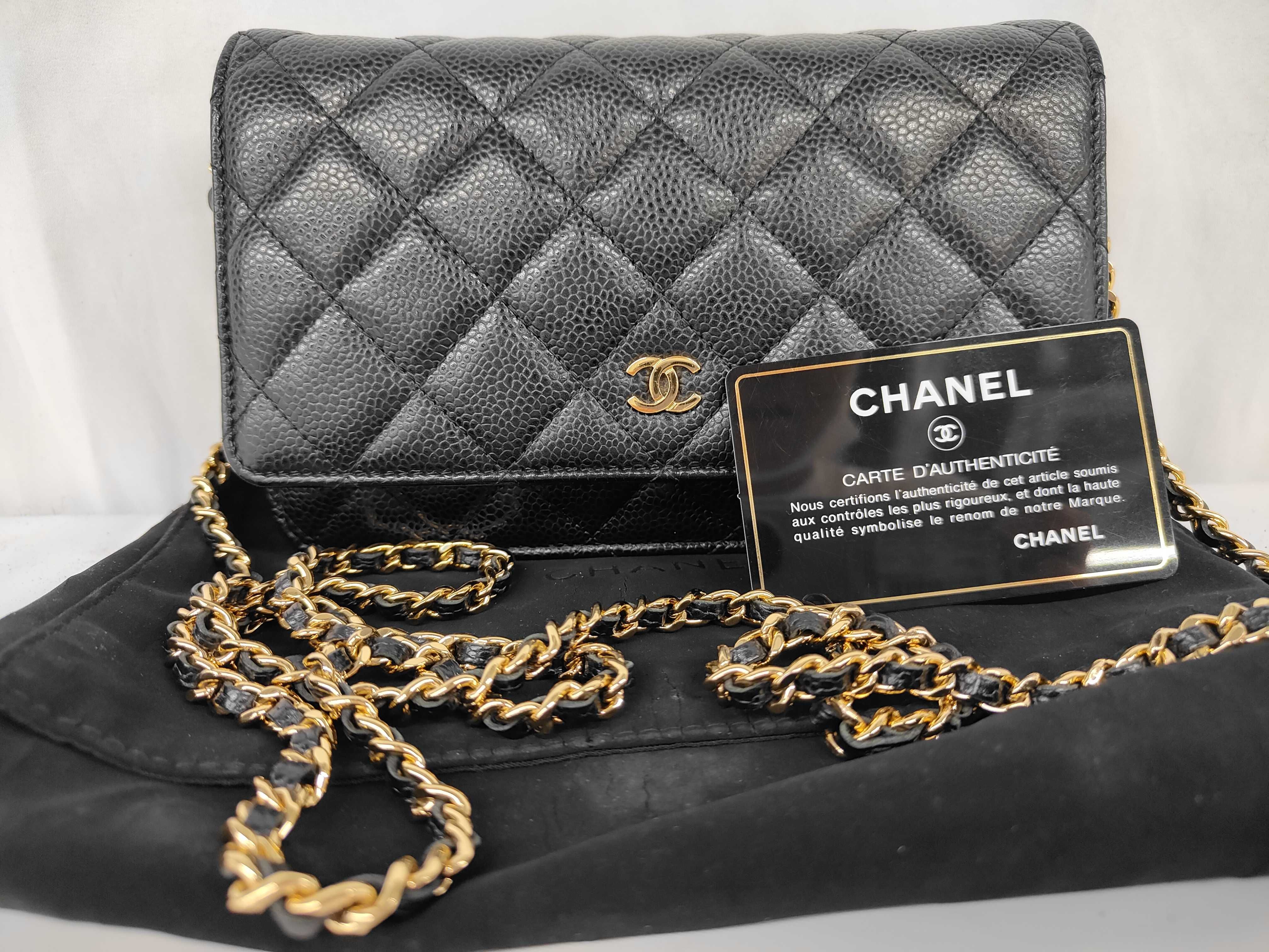 Matelassé Chain Wallet, Black Caviar Leather, Gold Hardware, Shoulder Bag