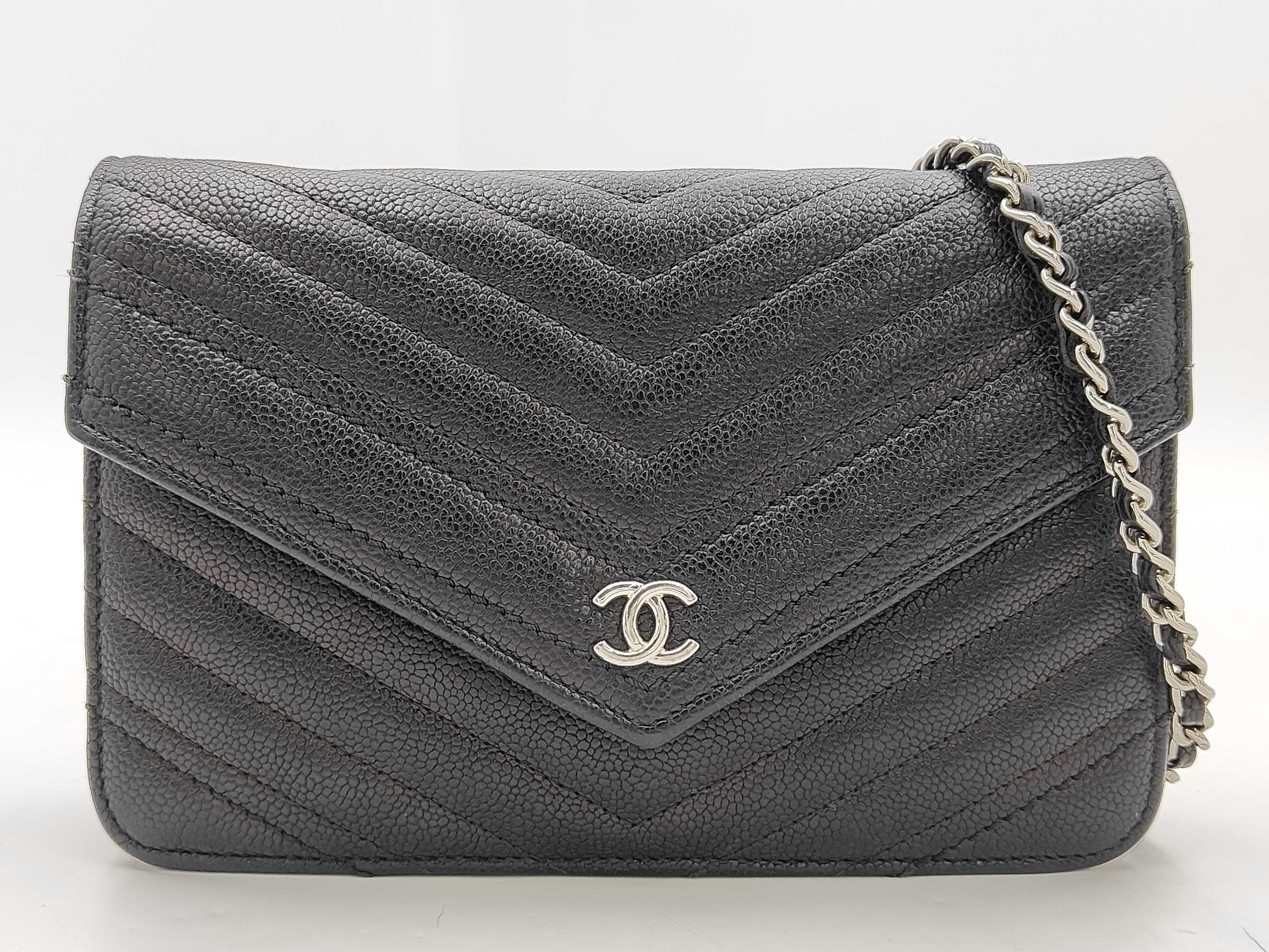 Black Caviar Skin V-Stitch Shoulder Bag, WOC, Approx. 19cm W, Serial Number , with Dust Bag and Seal, Silver Hardware, 24813421