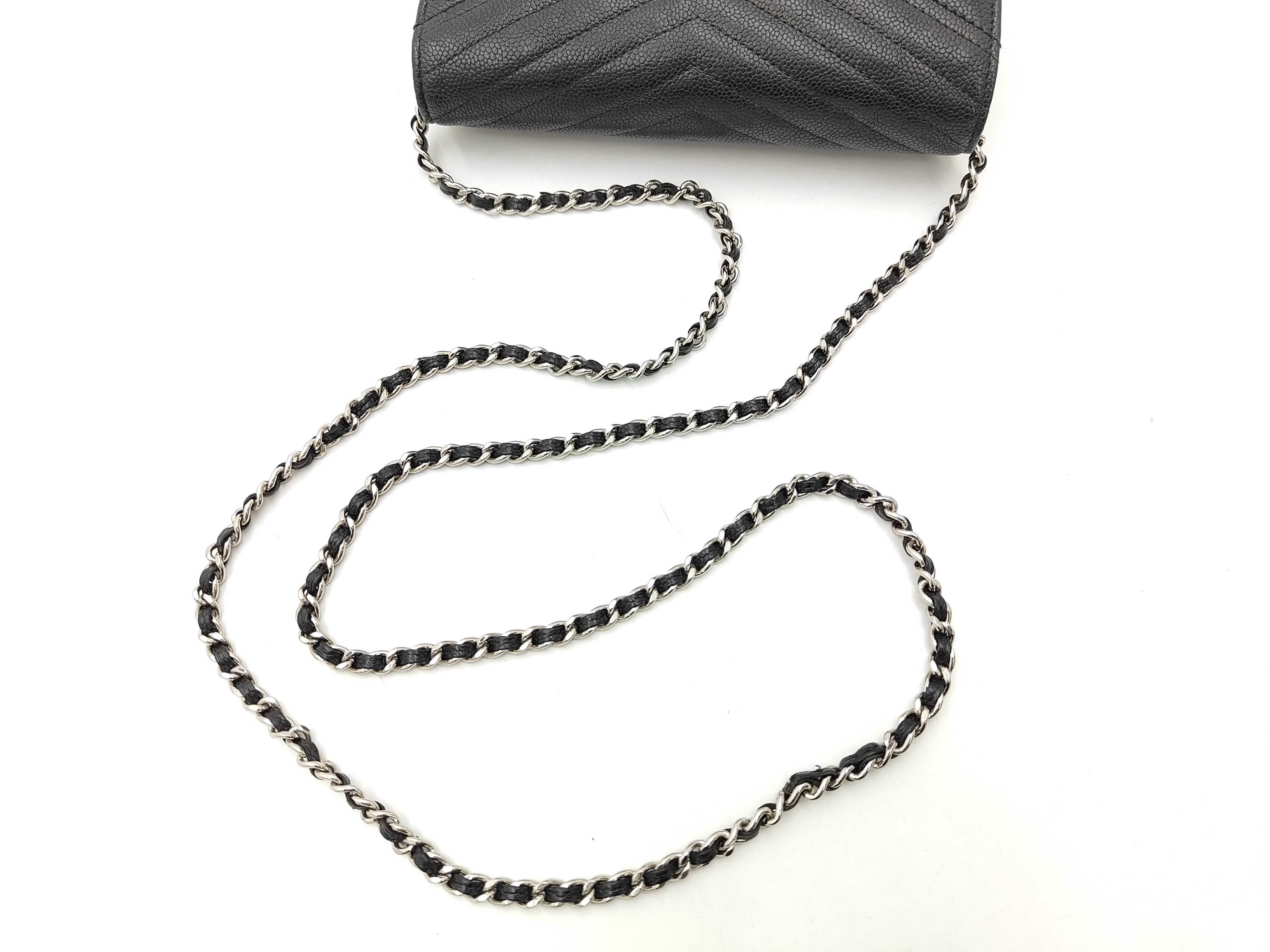 Black Caviar Skin V-Stitch Shoulder Bag, WOC, Approx. 19cm W, Serial Number , with Dust Bag and Seal, Silver Hardware, 24813421 — view 3