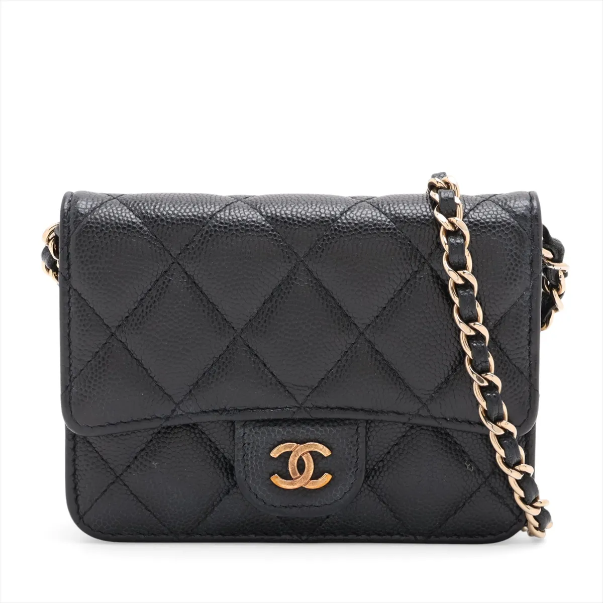 Matelassé Caviar Skin Chain Shoulder Bag, Black with Gold Hardware, 32002865, Serial Number , AP2727