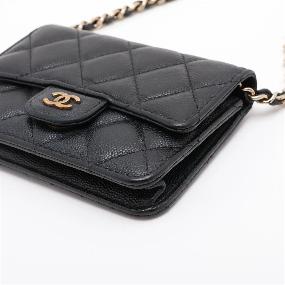 Matelassé Caviar Skin Chain Shoulder Bag, Black with Gold Hardware, 32002865, Serial Number , AP2727 — view 3