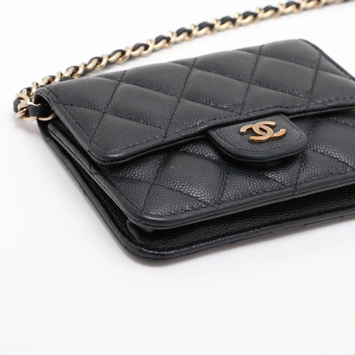Matelassé Caviar Skin Chain Shoulder Bag, Black with Gold Hardware, 32002865, Serial Number , AP2727 — view 4