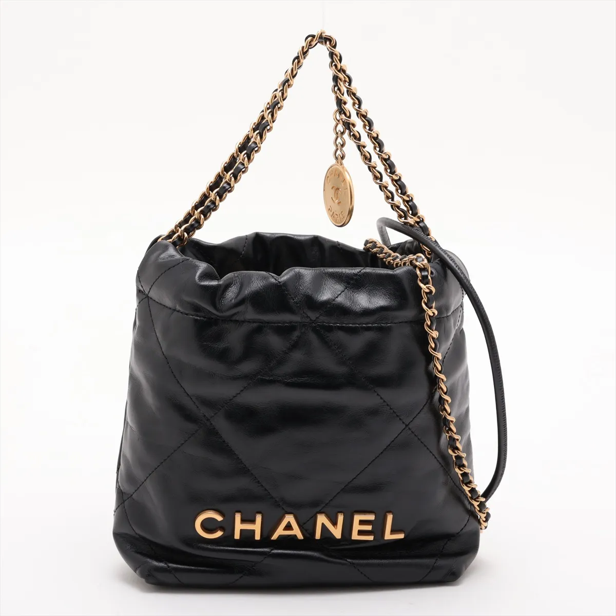 22 Mini Shiny Calfskin Chain Shoulder Bag Black Gold Hardware TK6JUXEH Random Plate AS3980