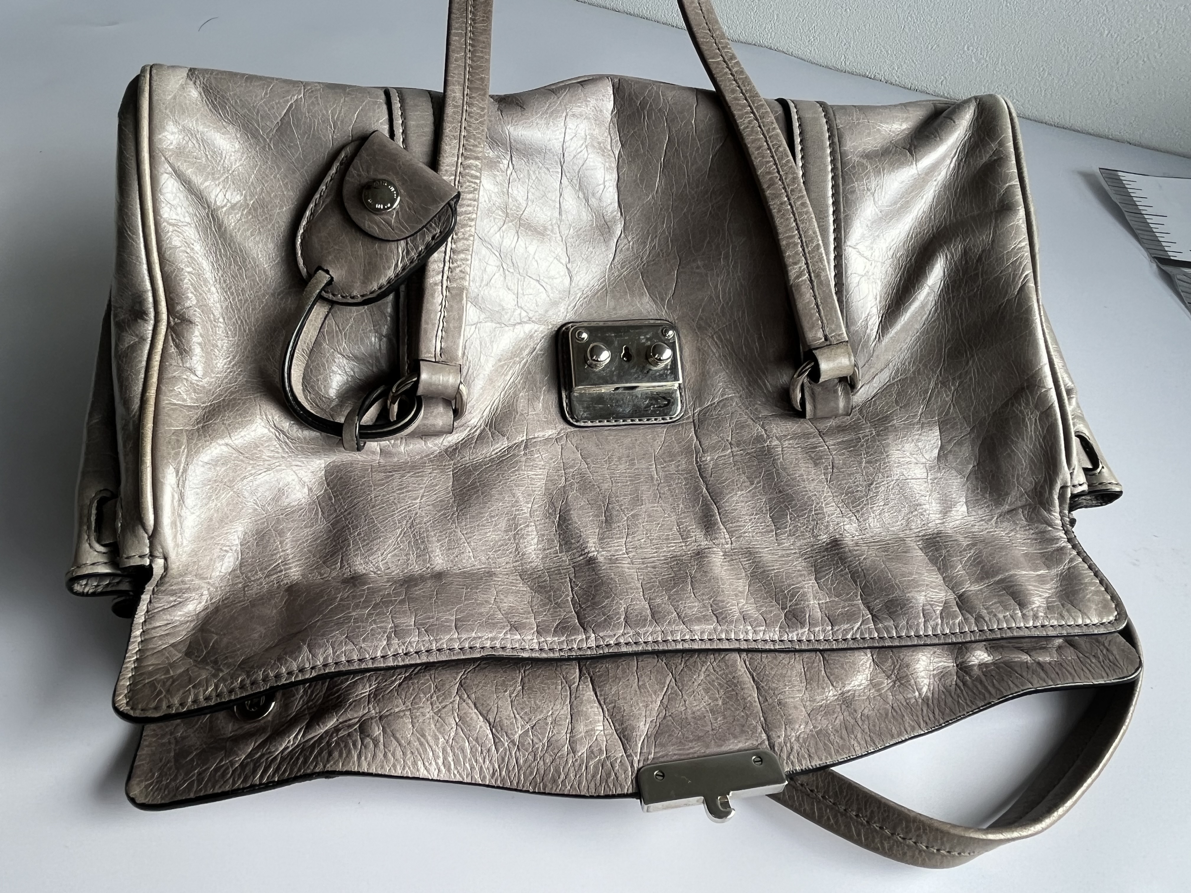 Vitello Luxe Tote Shoulder Bag, Gray Shoulder Bag — view 11