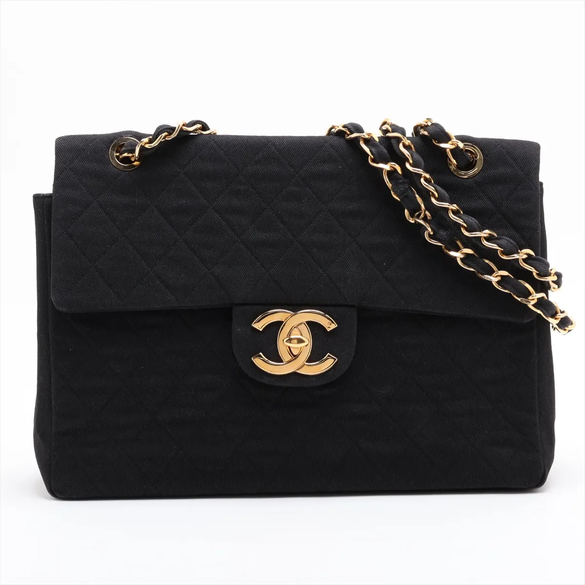 Large Matelassé 34 Maxi Denim Single Flap Double Chain Bag, Black with Gold Hardware, 1940274, Series 1, A01094