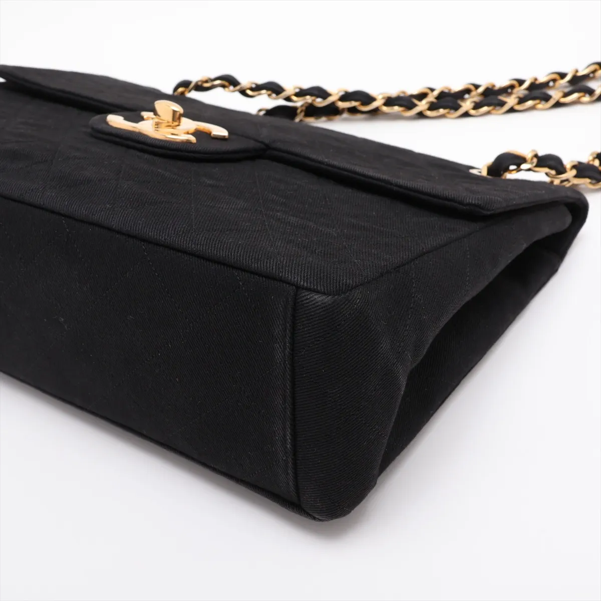 Large Matelassé 34 Maxi Denim Single Flap Double Chain Bag, Black with Gold Hardware, 1940274, Series 1, A01094 — view 3