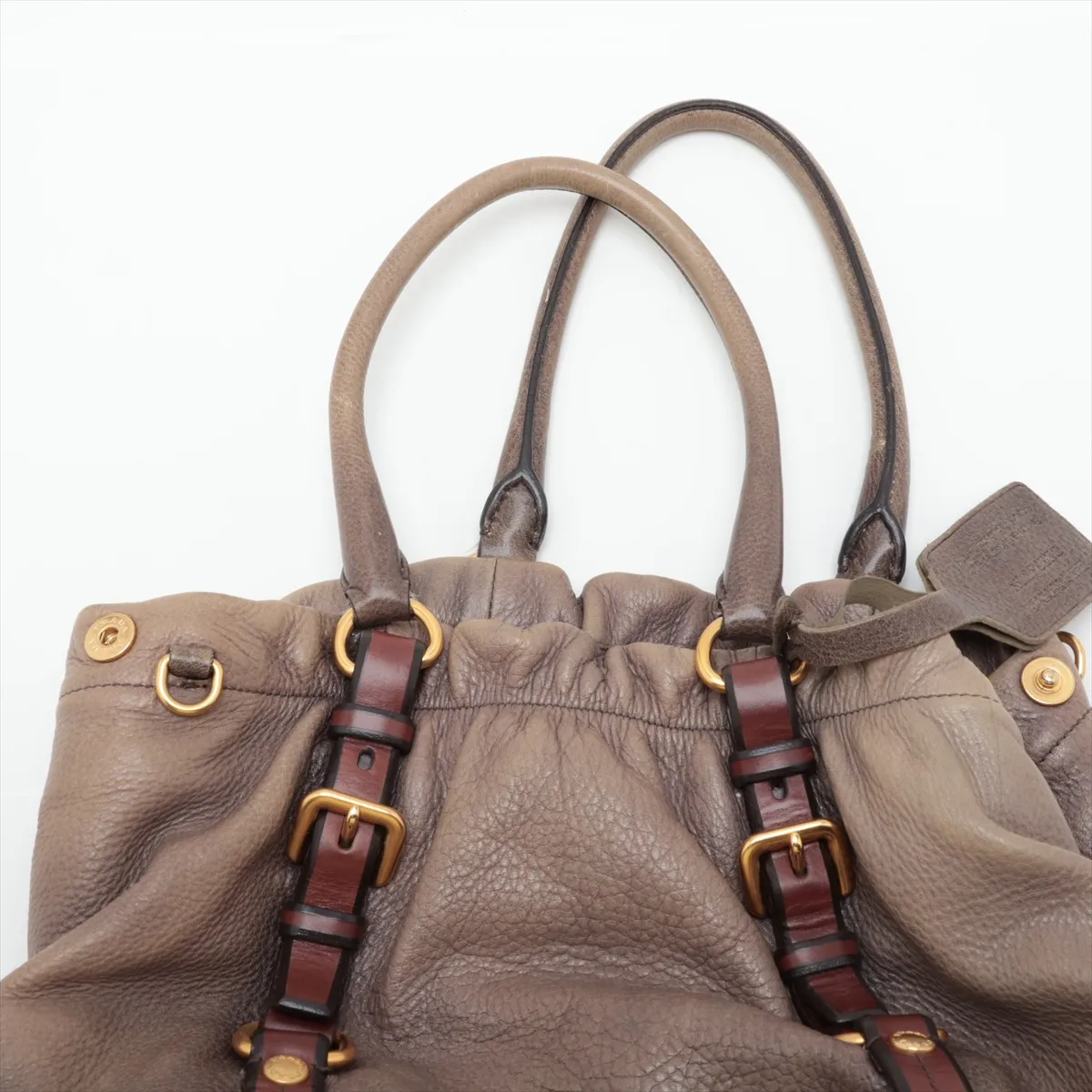 Vitello Daino Leather Handbag, Beige x Brown — view 6