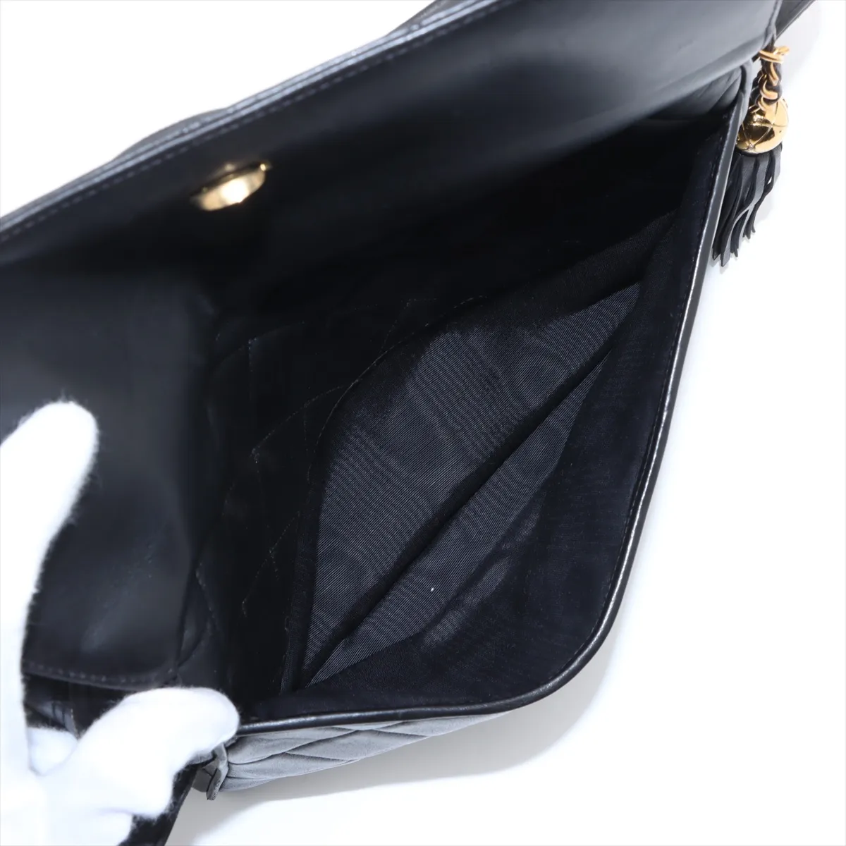 Matelassé Lambskin Shoulder Bag with Fringe, Black with Gold Hardware, 3021812, Series 3 — view 9