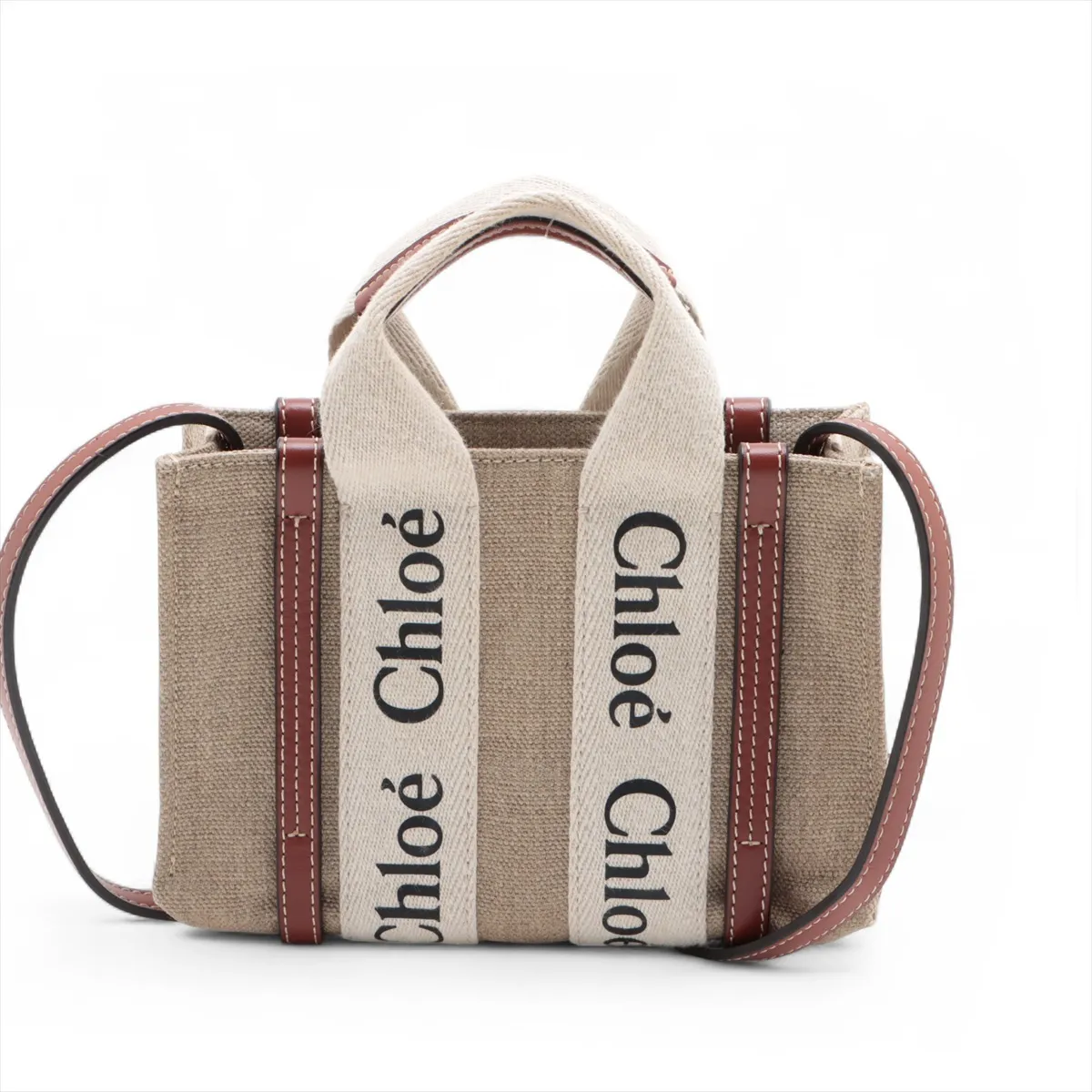 Woody Mini Canvas x Leather 2-Way Handbag, Beige x Brown