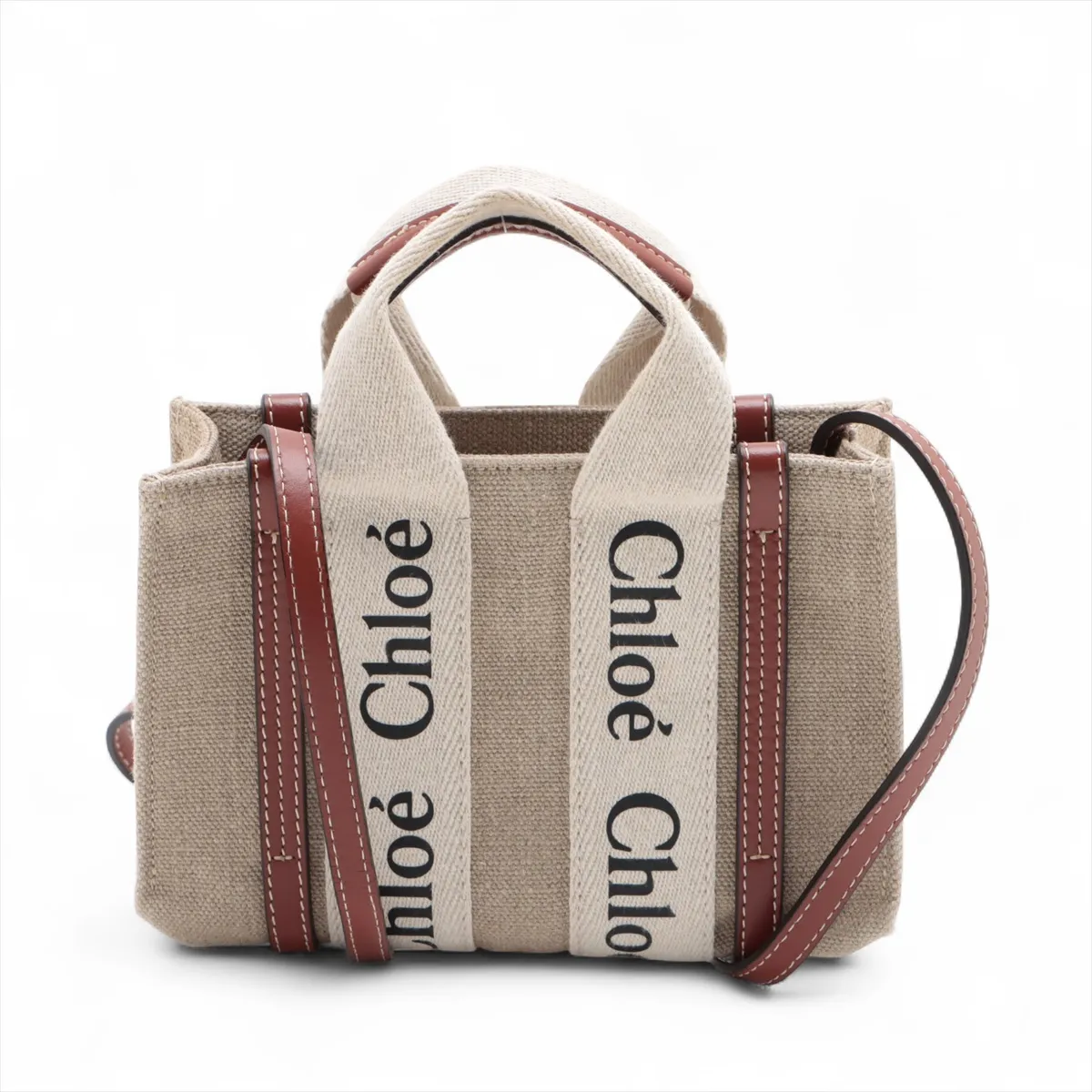 Woody Mini Canvas x Leather 2-Way Handbag, Beige x Brown — view 2