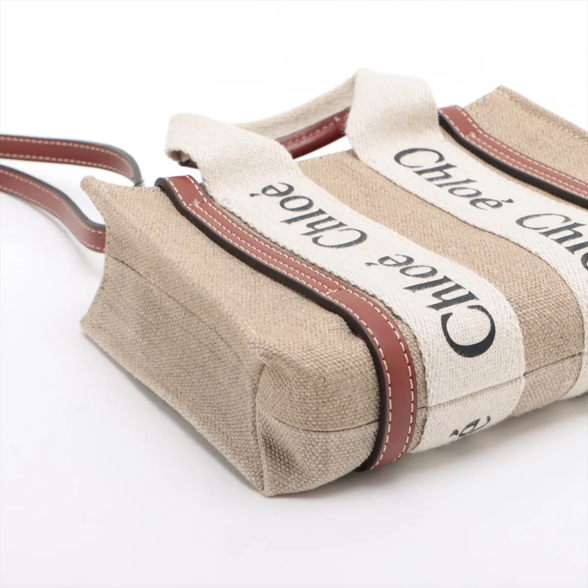 Woody Mini Canvas x Leather 2-Way Handbag, Beige x Brown — view 4