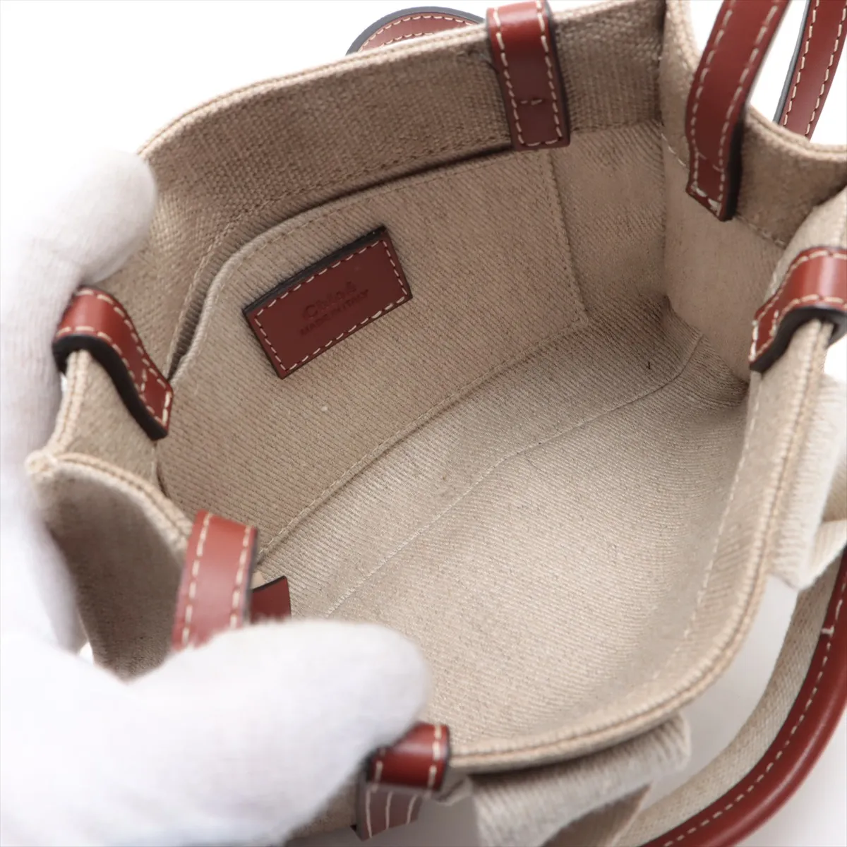 Woody Mini Canvas x Leather 2-Way Handbag, Beige x Brown — view 6