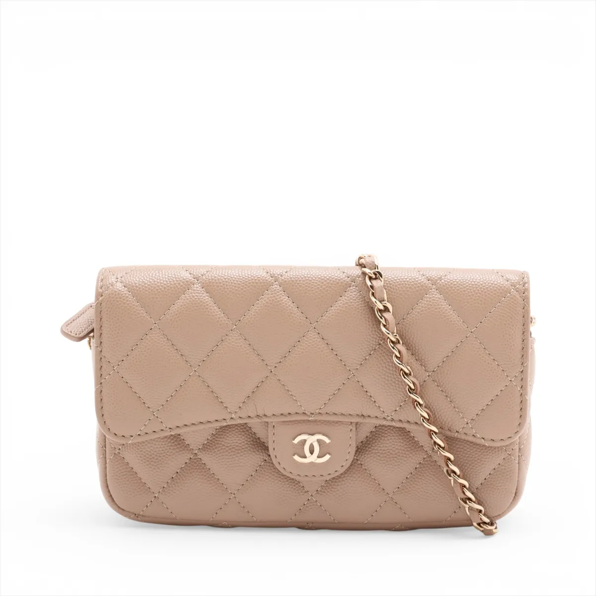 Matelassé Caviar Skin Chain Wallet, Brown Beige, Gold Hardware, H1P1X8PE, Random Serial Number AP2096