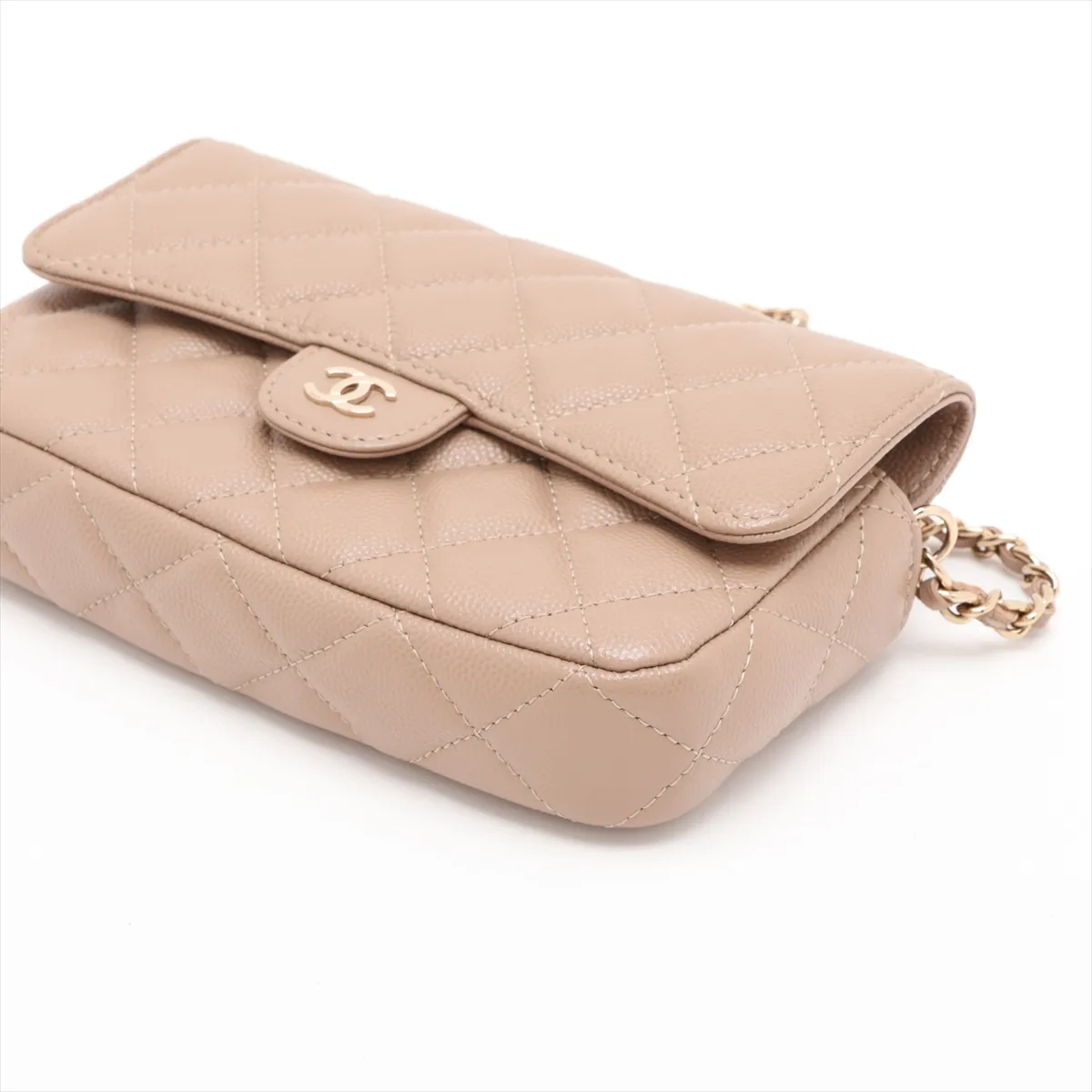 Matelassé Caviar Skin Chain Wallet, Brown Beige, Gold Hardware, H1P1X8PE, Random Serial Number AP2096 — view 3
