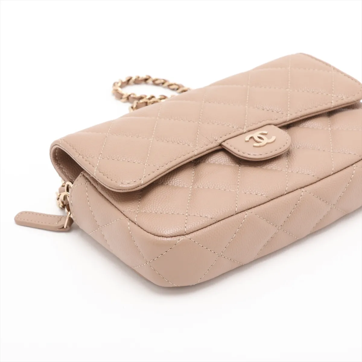 Matelassé Caviar Skin Chain Wallet, Brown Beige, Gold Hardware, H1P1X8PE, Random Serial Number AP2096 — view 4