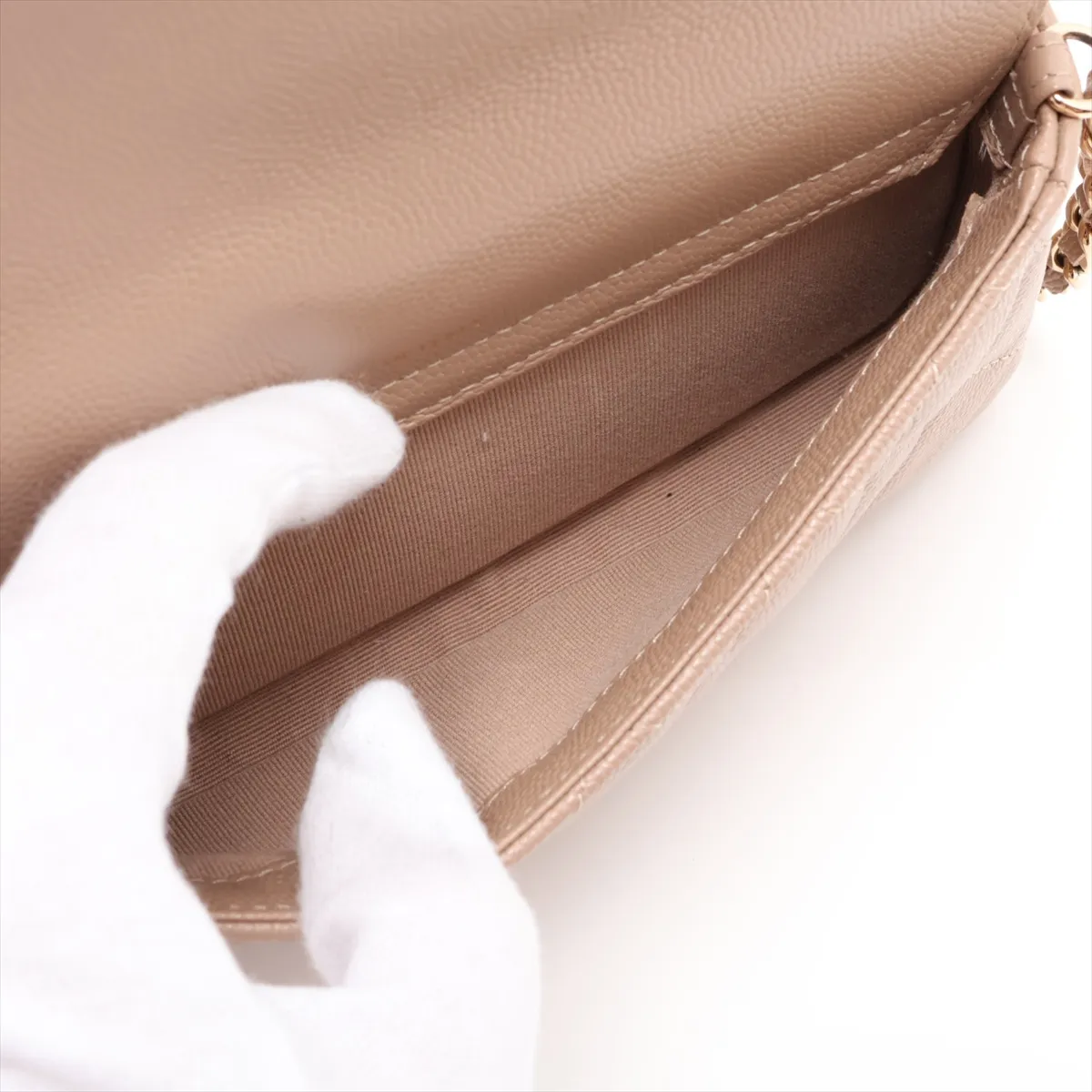 Matelassé Caviar Skin Chain Wallet, Brown Beige, Gold Hardware, H1P1X8PE, Random Serial Number AP2096 — view 6