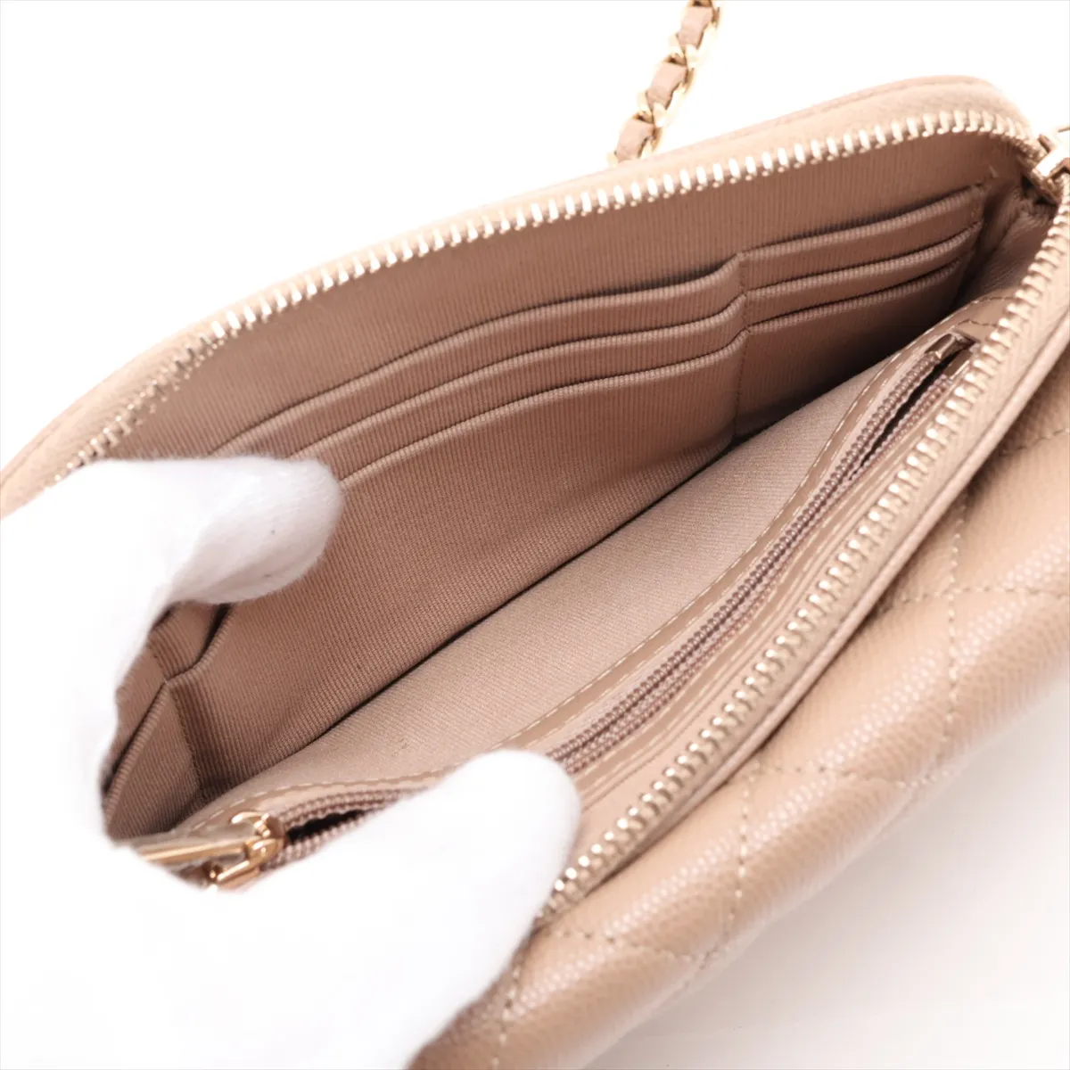Matelassé Caviar Skin Chain Wallet, Brown Beige, Gold Hardware, H1P1X8PE, Random Serial Number AP2096 — view 7