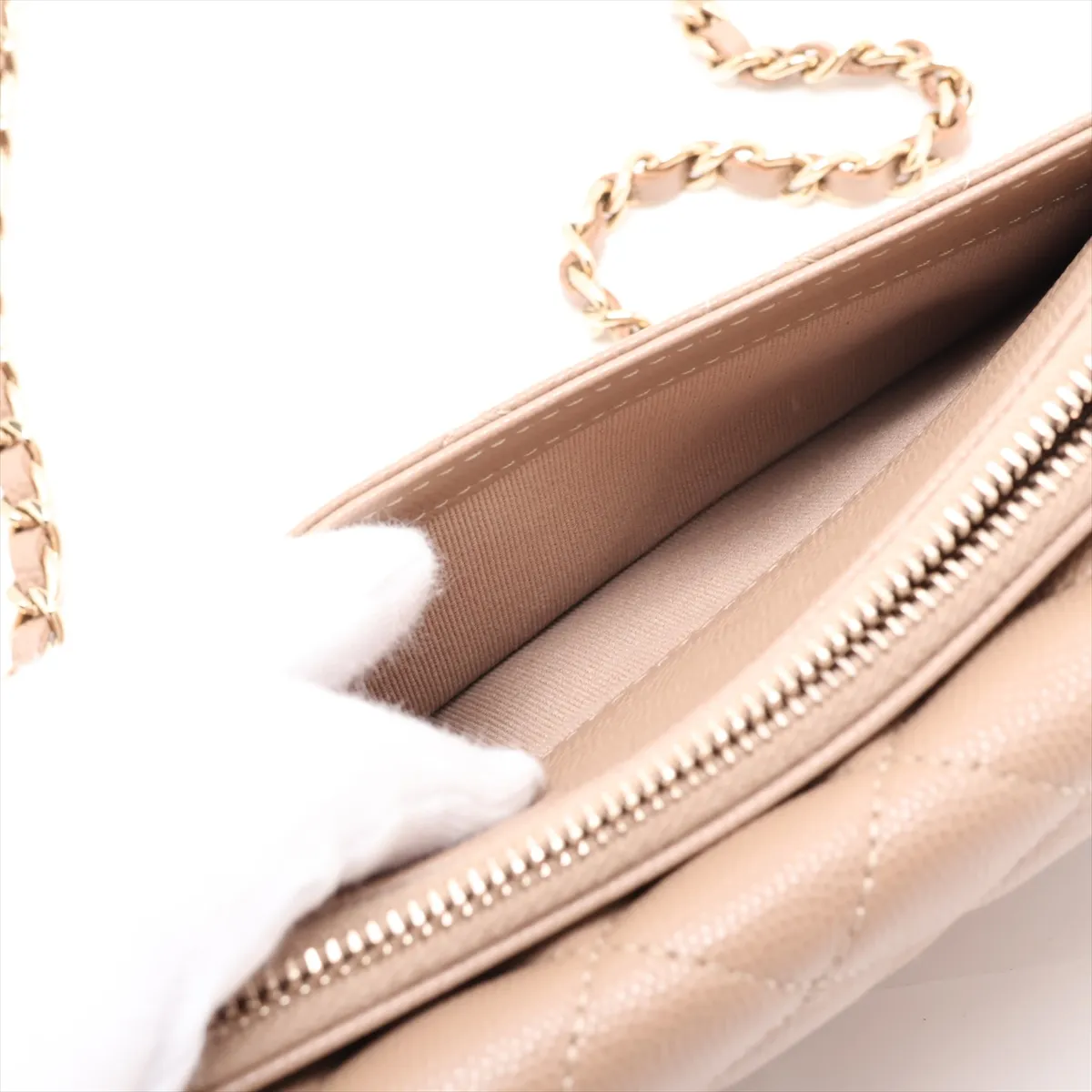 Matelassé Caviar Skin Chain Wallet, Brown Beige, Gold Hardware, H1P1X8PE, Random Serial Number AP2096 — view 9