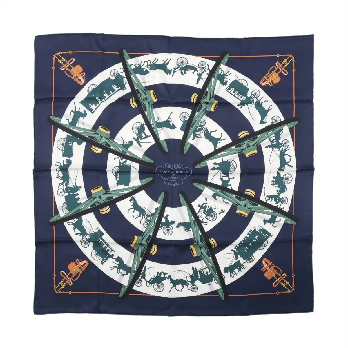 Carre 70 PARIS QUI ROULE (Paris on a Wheel) Scarf, Silk, Navy, with some wear,
