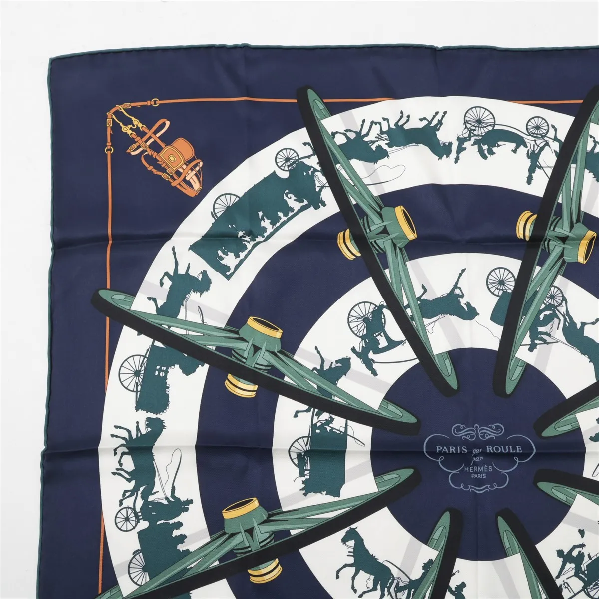 Carre 70 PARIS QUI ROULE (Paris on a Wheel) Scarf, Silk, Navy, with some wear, — view 2