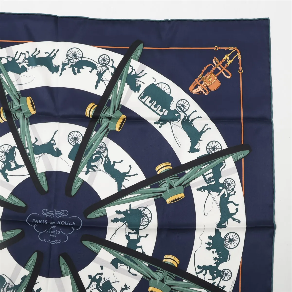 Carre 70 PARIS QUI ROULE (Paris on a Wheel) Scarf, Silk, Navy, with some wear, — view 3