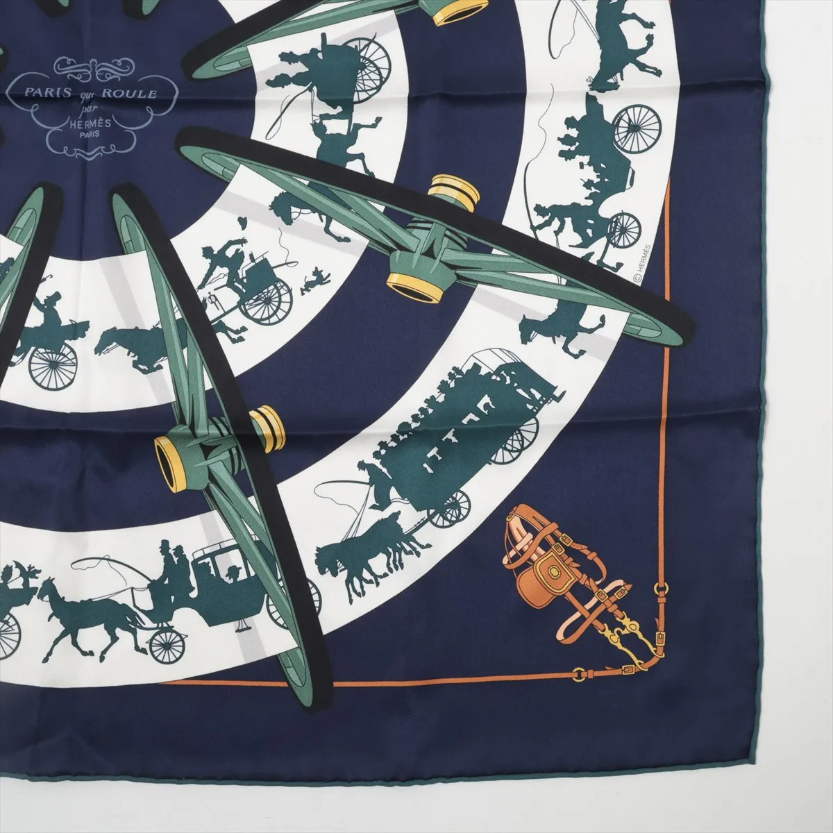 Carre 70 PARIS QUI ROULE (Paris on a Wheel) Scarf, Silk, Navy, with some wear, — view 4