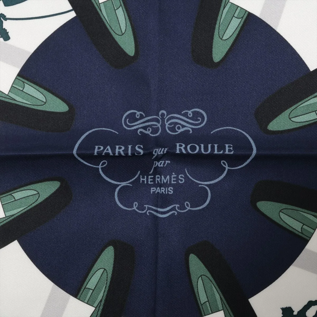 Carre 70 PARIS QUI ROULE (Paris on a Wheel) Scarf, Silk, Navy, with some wear, — view 6
