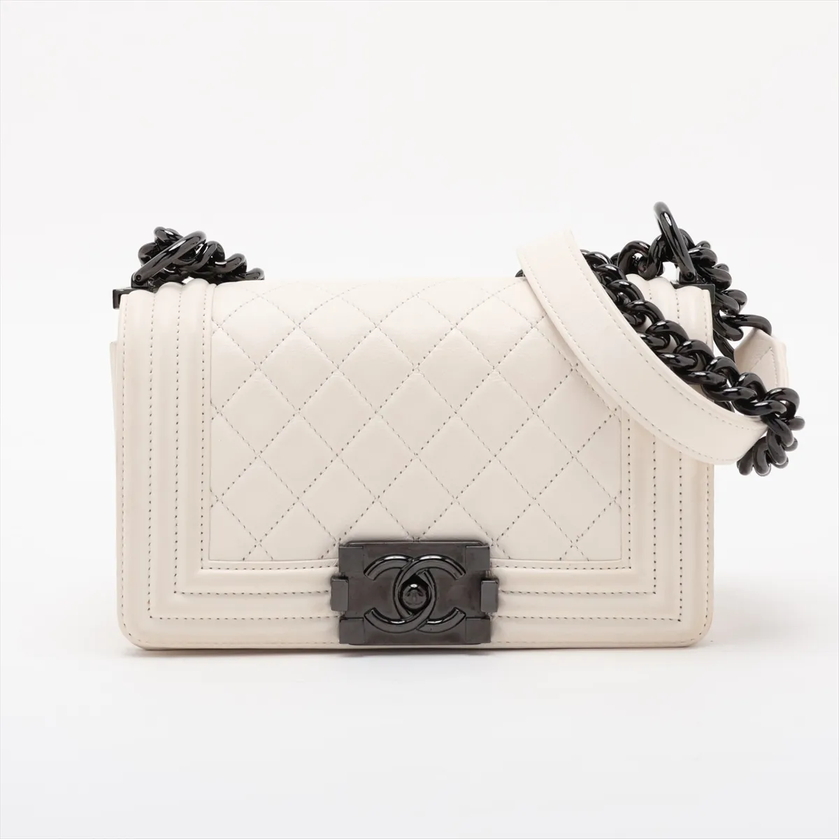 Boy Chanel 20 Small Lambskin Chain Shoulder Bag, White with Black Hardware, 25404792, Serial Number 25-series, A67085
