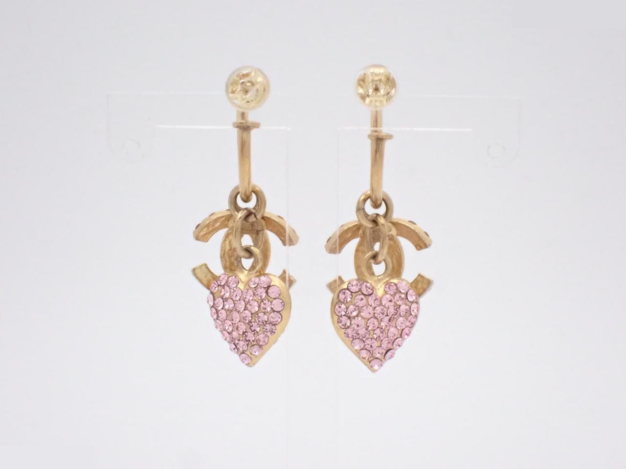 hoop earrings, 02P, pink stone, Coco Mark, heart. — view 2