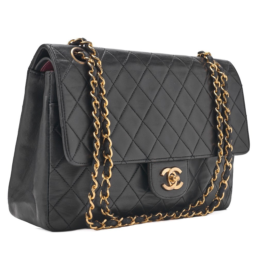 Lambskin Double Flap Straight Flap Chain Shoulder Bag, Black — view 3