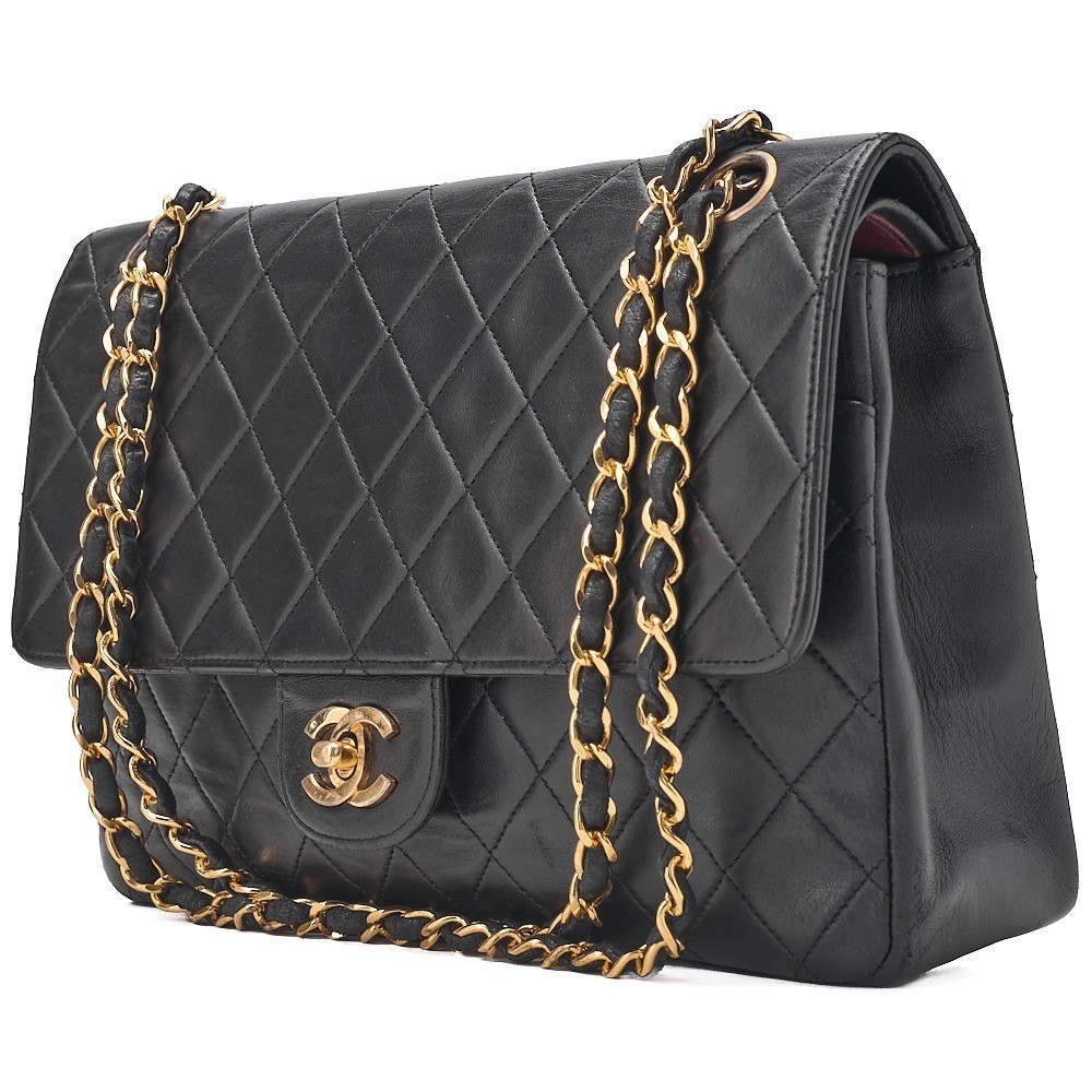Lambskin Double Flap Straight Flap Chain Shoulder Bag, Black — view 4