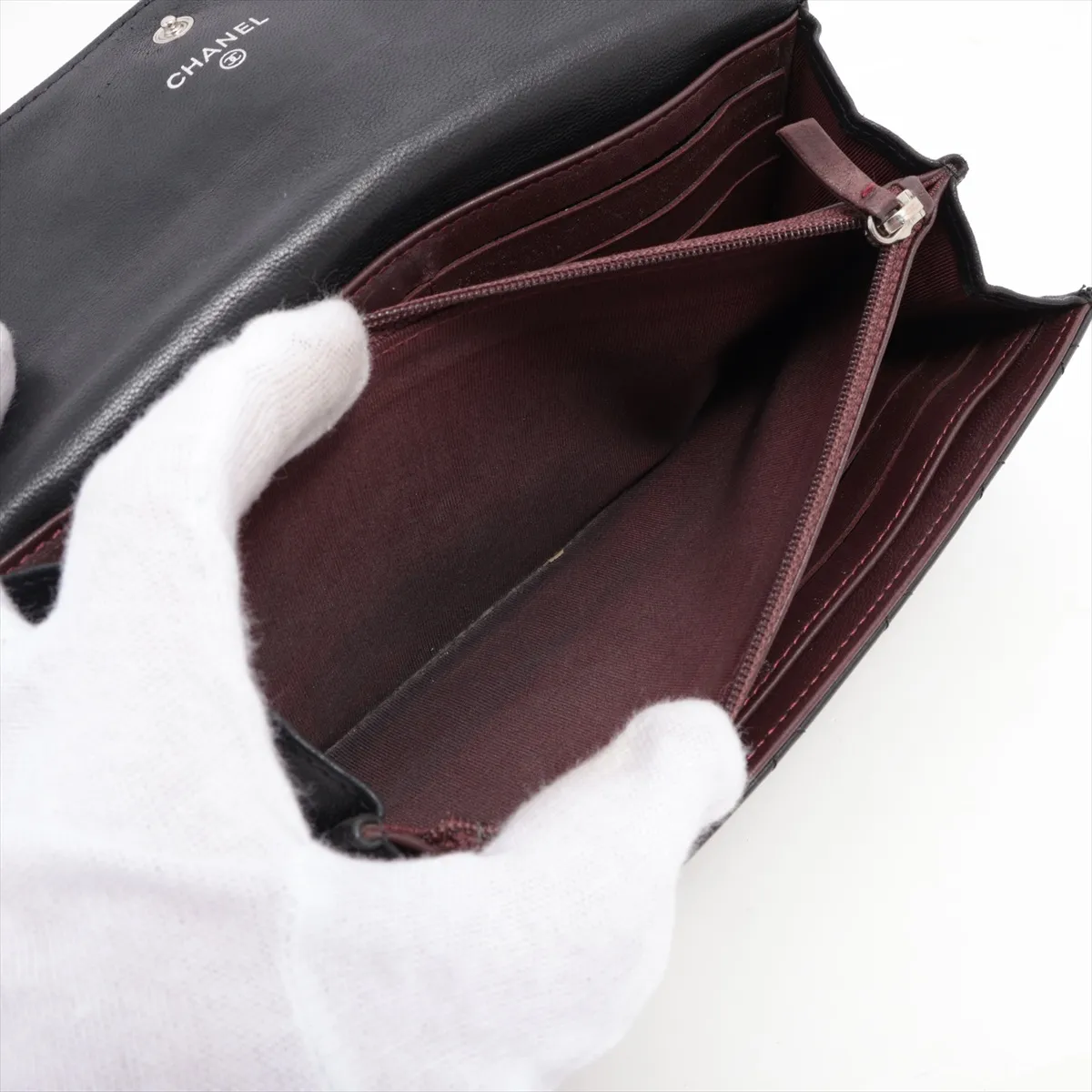 Matelasse Lambskin Long Wallet Black Silver Hardware — view 8