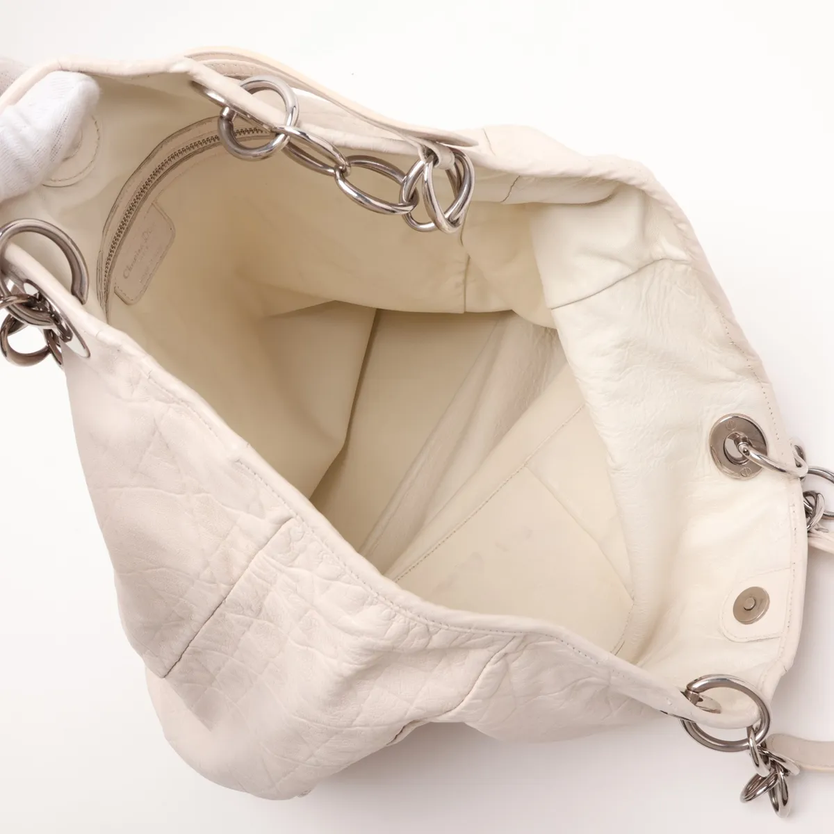 Cannage Leather Chain Tote Bag, White — view 7