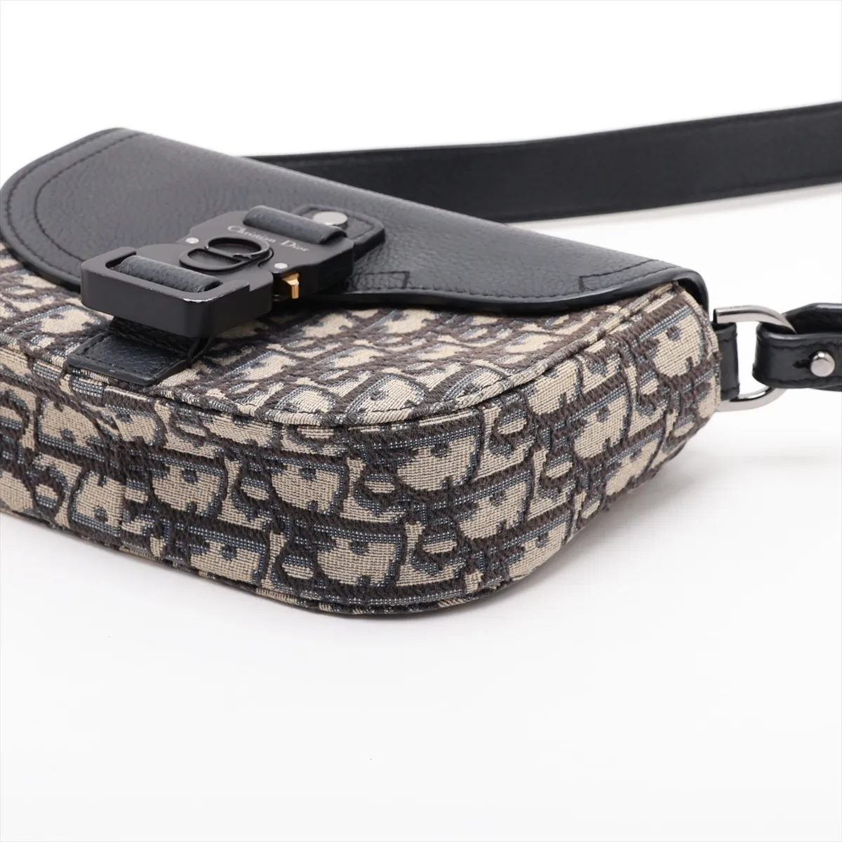 Oblique Saddle Canvas x Leather Shoulder Bag, Navy — view 3