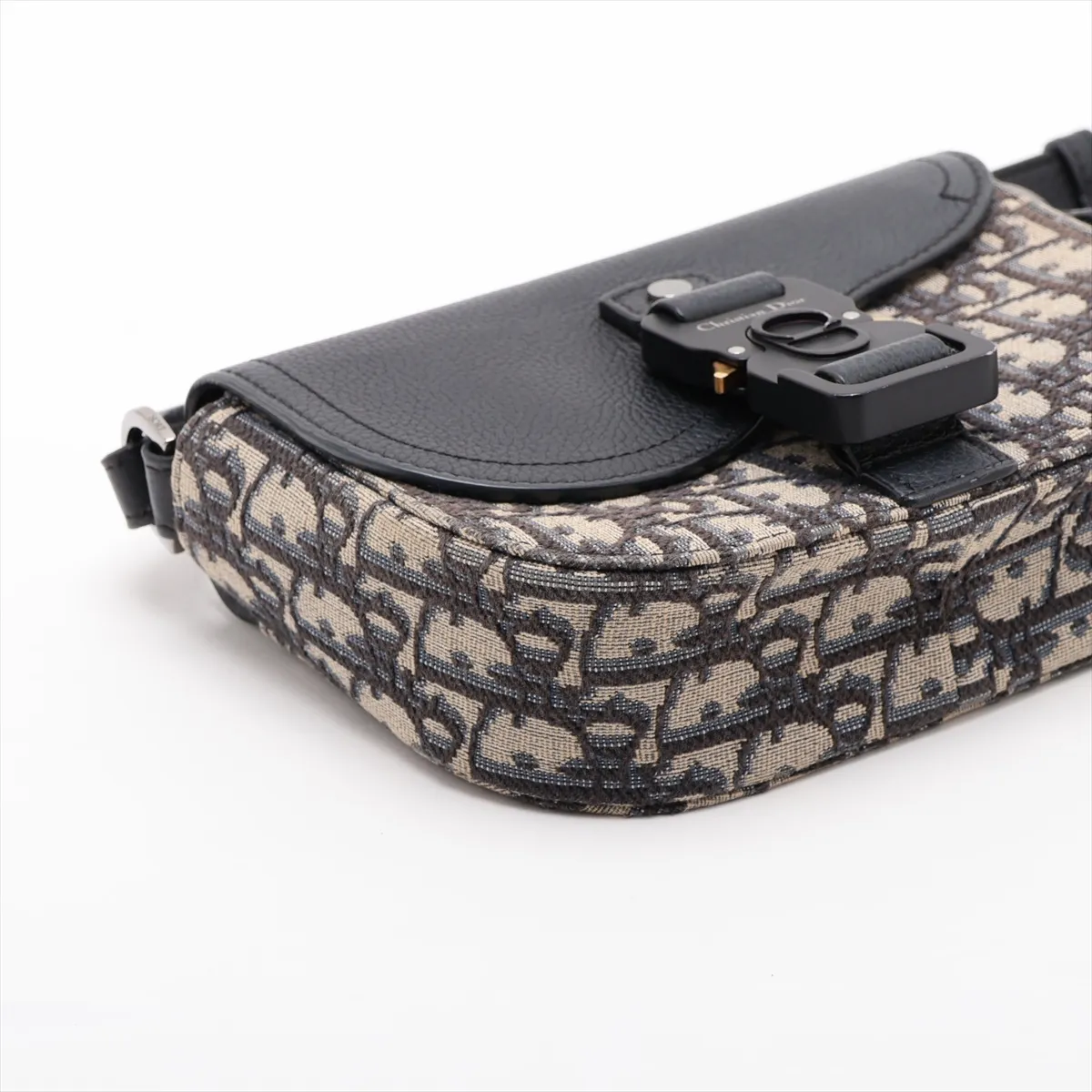 Oblique Saddle Canvas x Leather Shoulder Bag, Navy — view 4