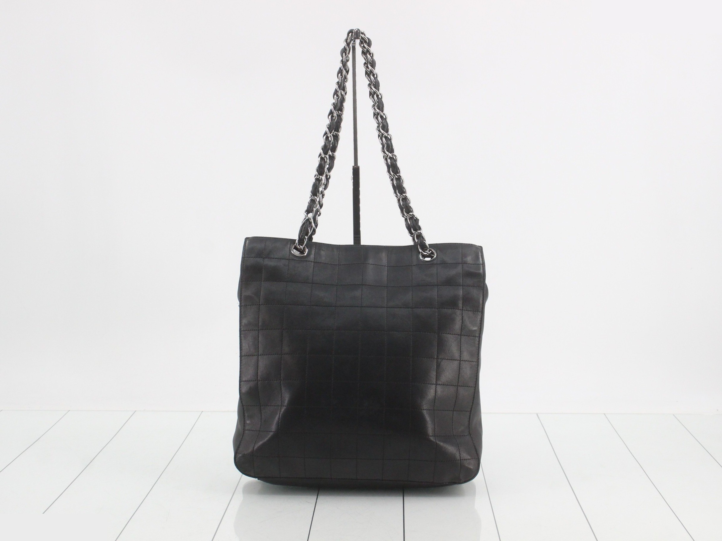 Chocolate bar chain shopper tote bag, lambskin, black, silver hardware, serial number 10s, W30 — view 2
