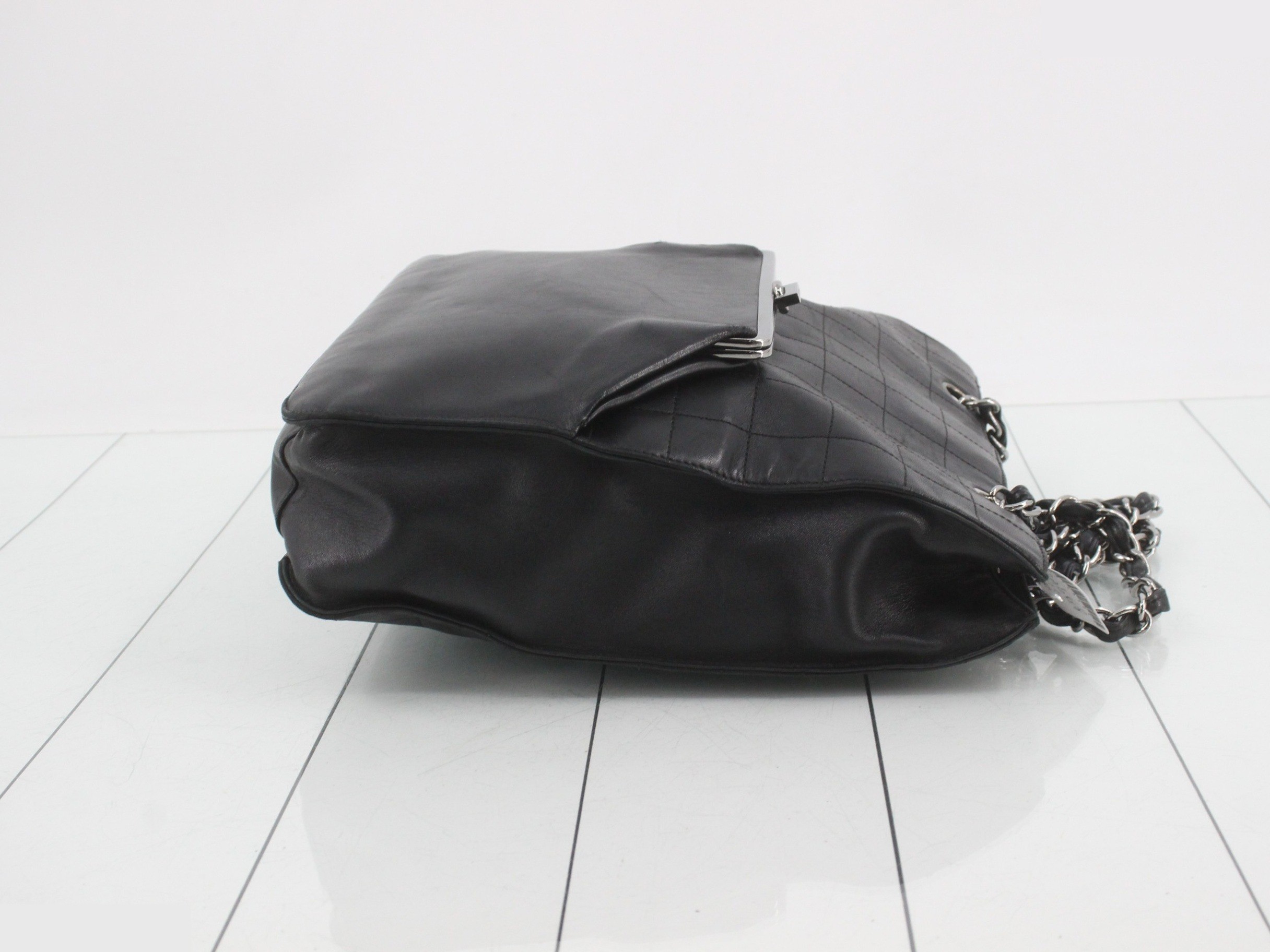 Chocolate bar chain shopper tote bag, lambskin, black, silver hardware, serial number 10s, W30 — view 3