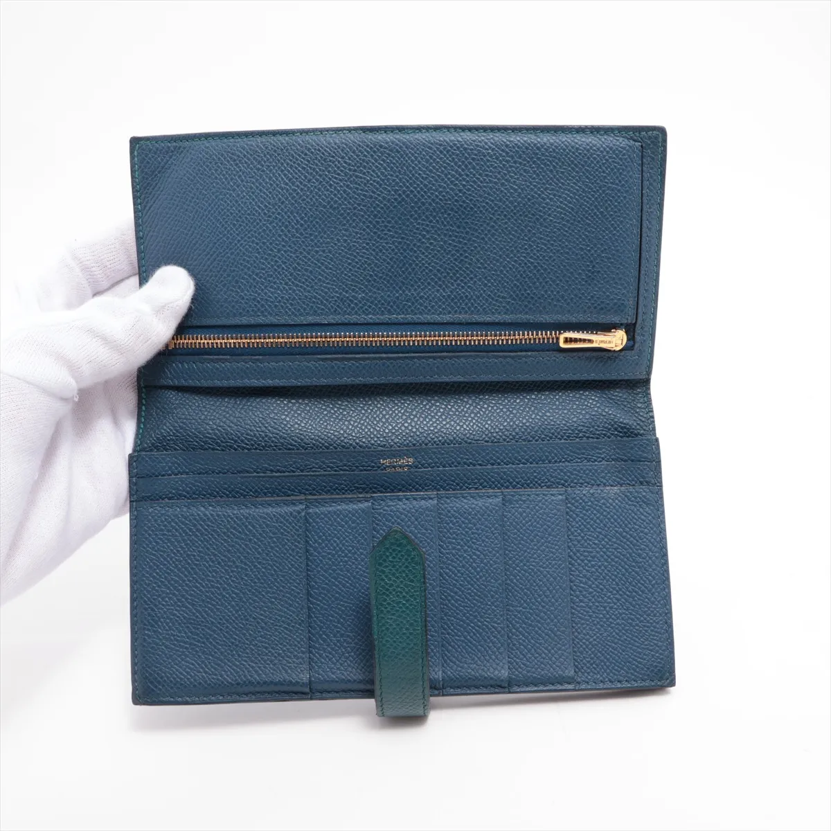 Bearn Soufflé Verso Veau Epsom Long Wallet, Deep Blue x Vert Bosphore, Gold Hardware, D: 2019 — view 3