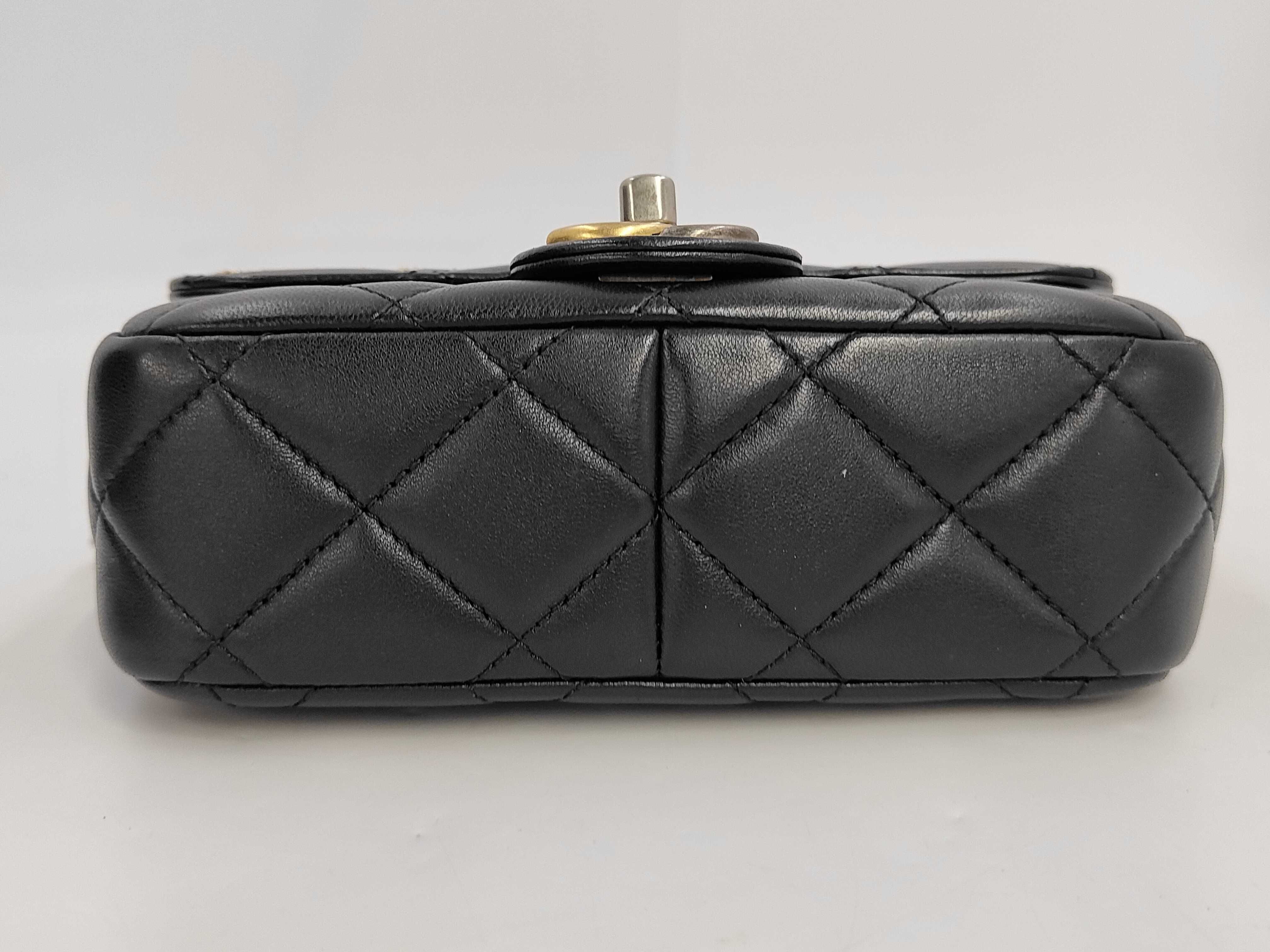 Matelassé Mini Chain Shoulder Bag, Black Lambskin, Paris Motif Charm, Gold Hardware. — view 4